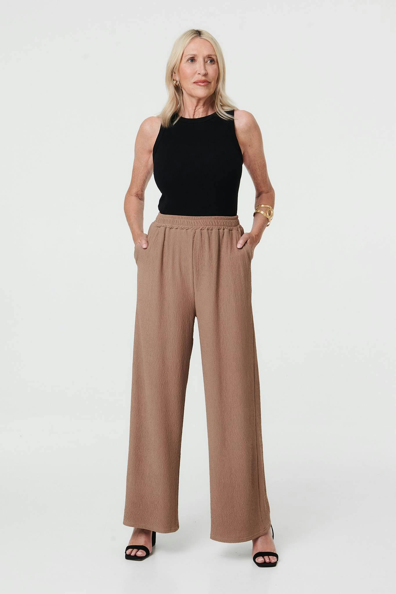 Izabel London Beige Textured High Waist Wide Crop Trousers - 8
