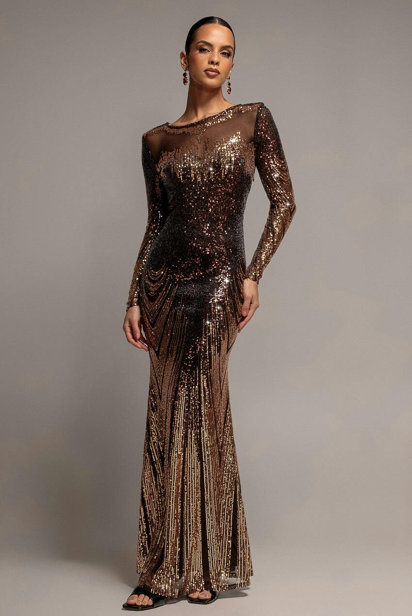 Goddiva Brown Long Sleeve Aztec Sequin Maxi Dress - By - 10