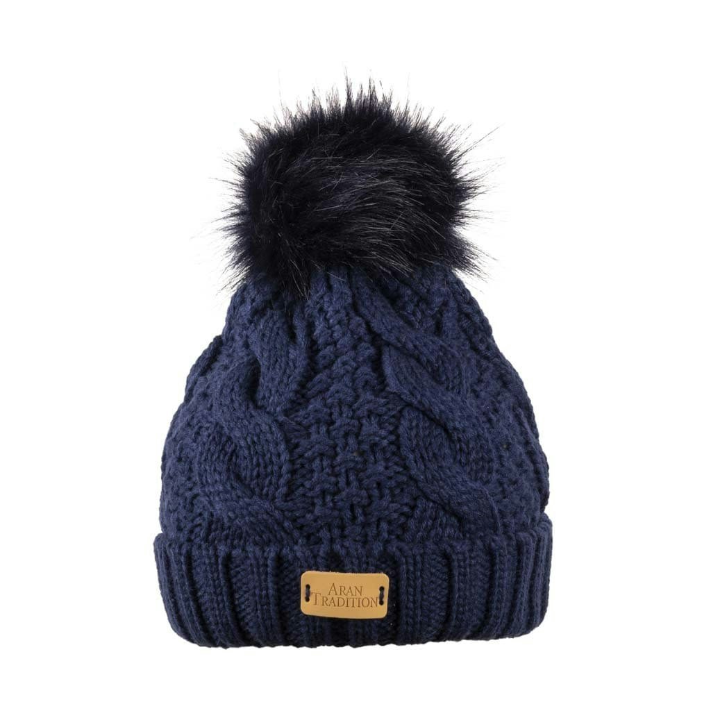 Aran Traditions Aran Cable Pom Pom Hat - Navy