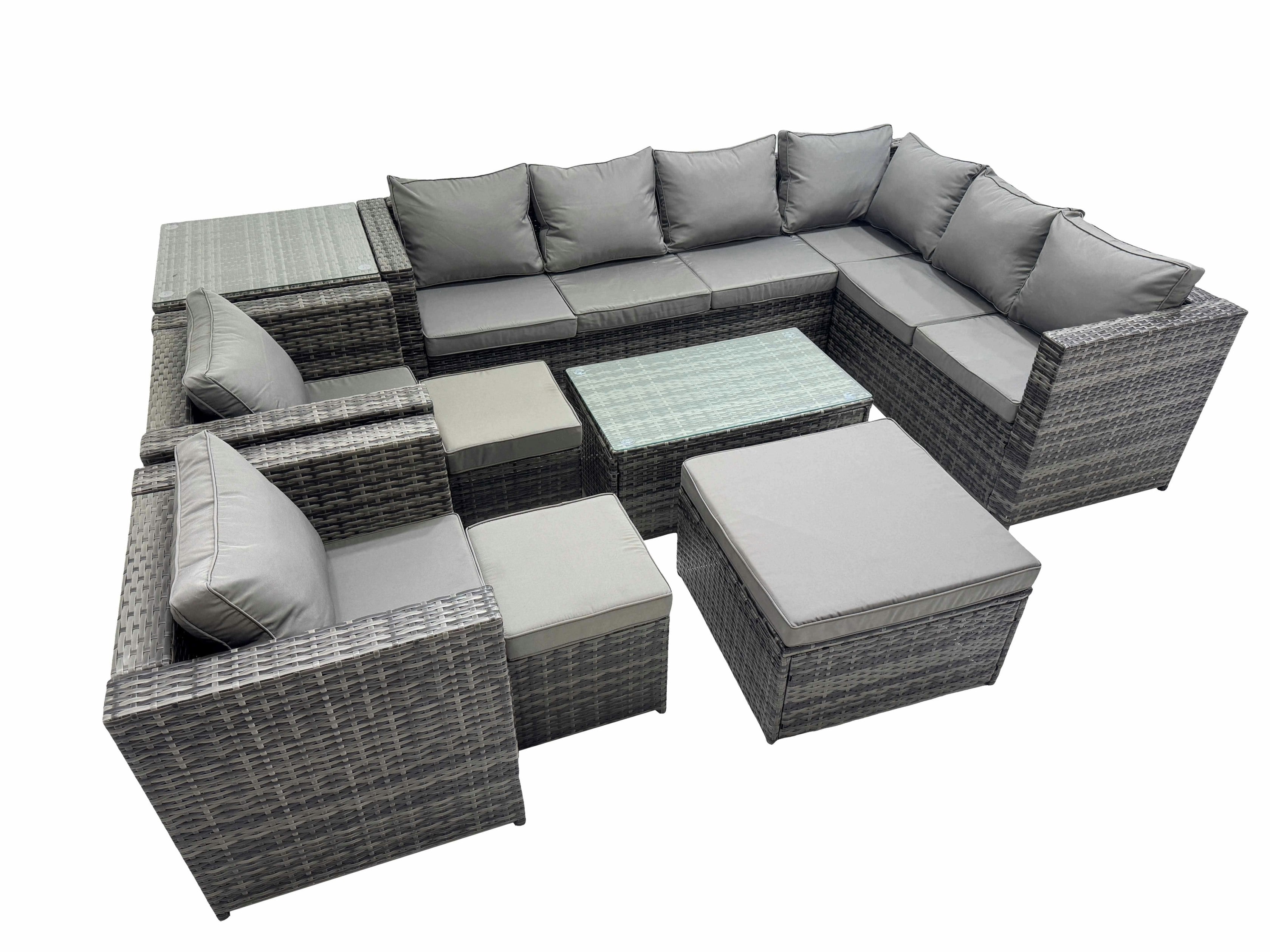 Rackhams Dark/Grey Patio Sofa Oblong Coffee Table Set Rattan Garden Furniture Set With 2 Chairs 3 Stools Side Table Mixed