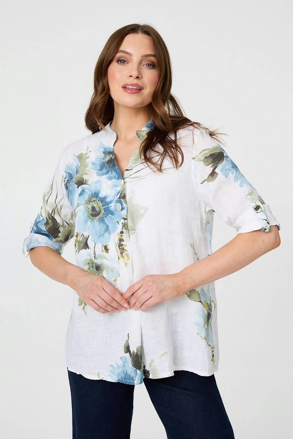 Izabel London White Floral Relaxed Turn-Up Sleeve Blouse - 10