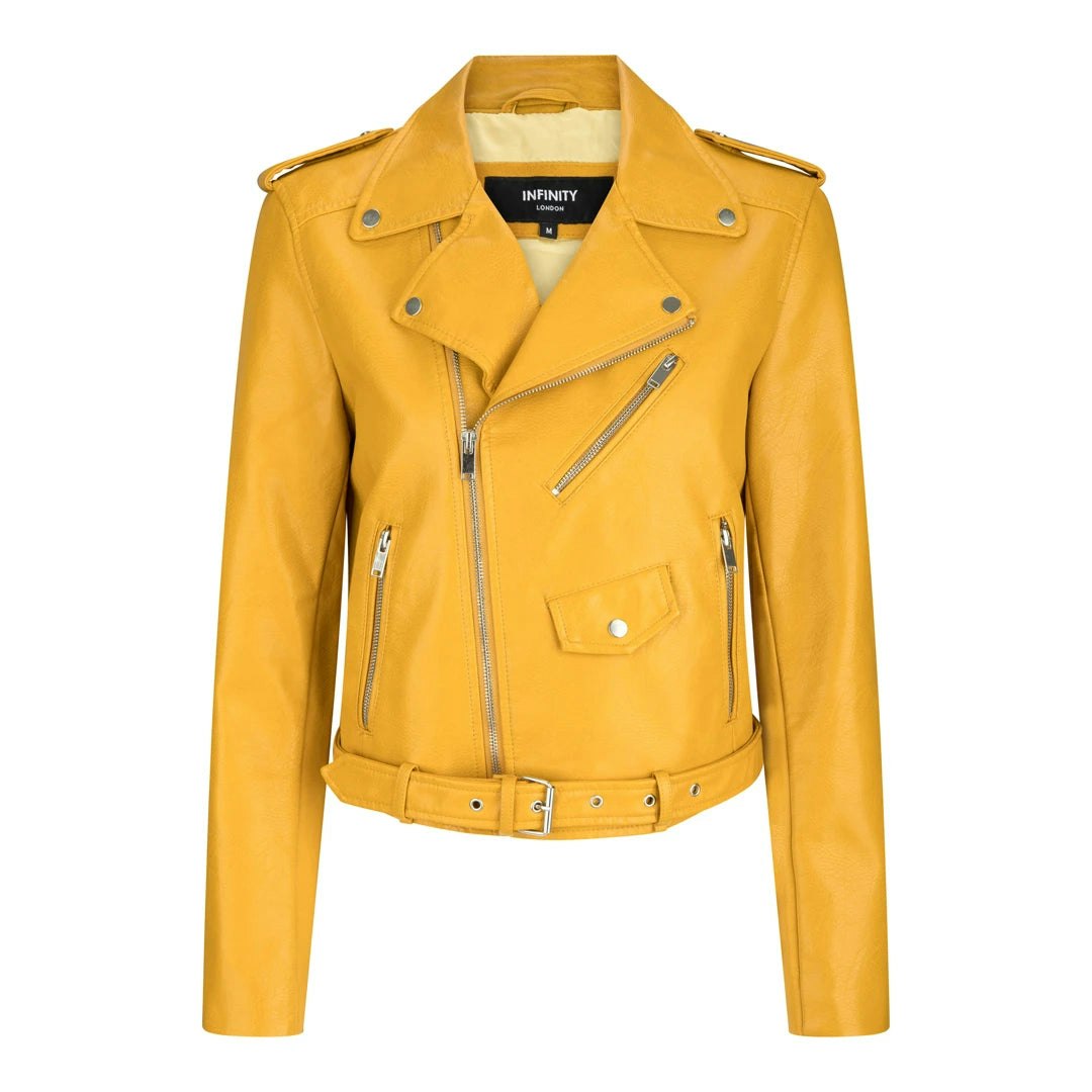 Aviatrix Women's Yellow Leather Biker Jacket With Belt - Uk 26