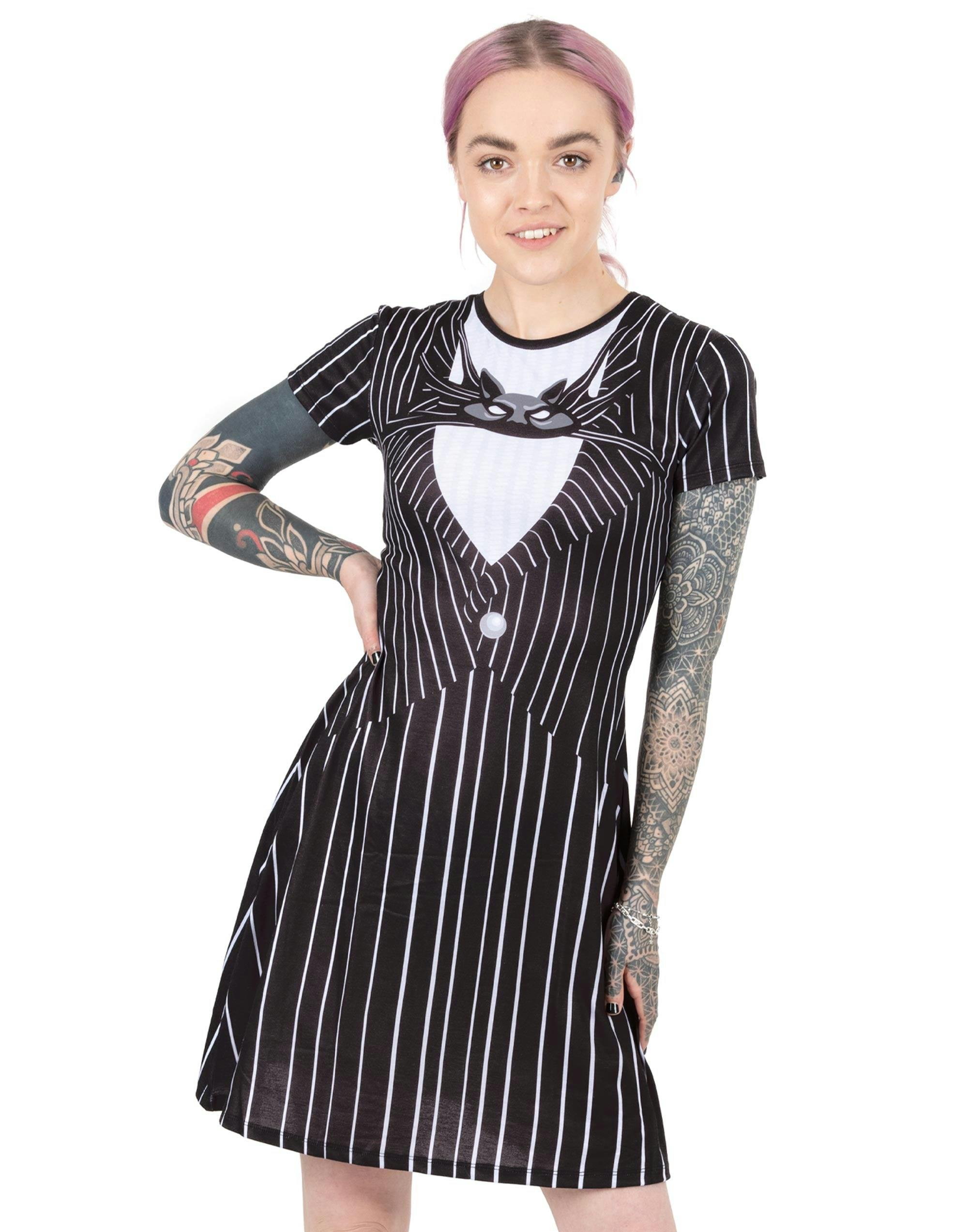 Vanilla Underground Women's Black Disney The Nightmare Before Christmas Jack Skellington Short Sleeve Skater Dress - Medium
