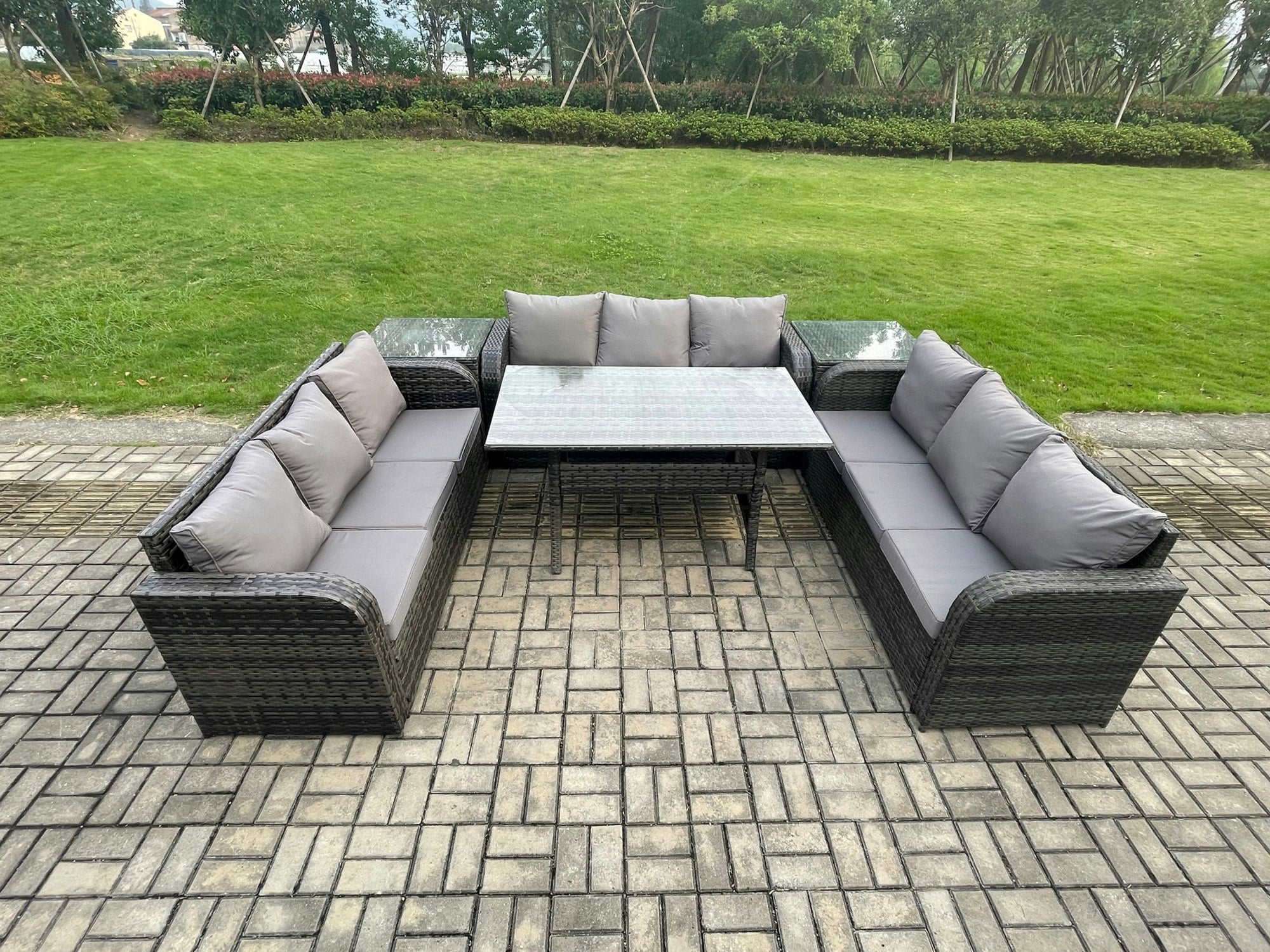 Fimous Dark/Grey Rattan Garden Furniture Set With Oblong Rectangular Dining Table 2 Side Tables 9 Seater Outdoor Lounge Sofa Set Mixed