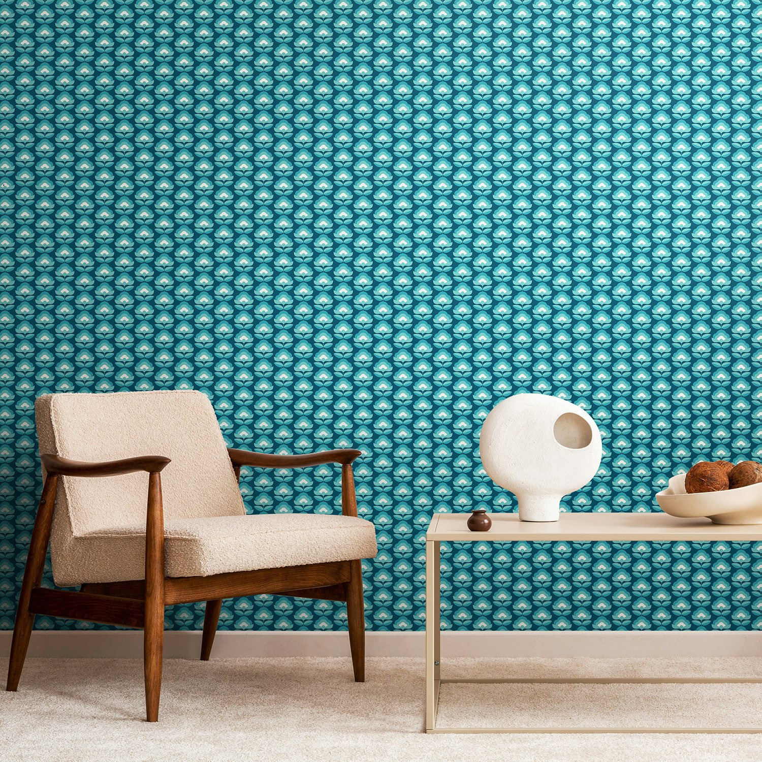 Hoopla Walls Retro Flower - Teal Mix 10M Wallpaper