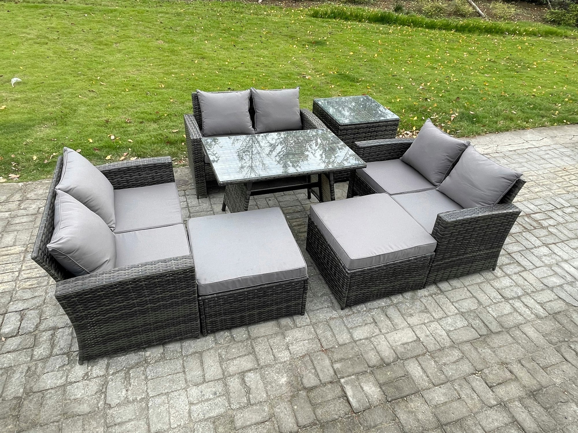 Rackhams Dark/Grey Outdoor Lounge Sofa Set - Mixed Pe Wicker Rattan Garden Furniture With Rectangular Dining Table & 2 Big Footstools