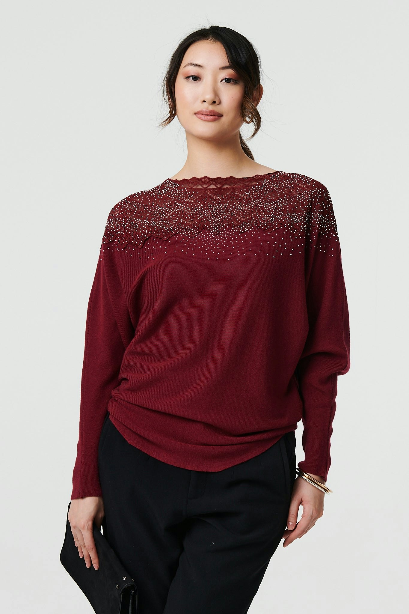 Izabel London Red Lace Trim Batwing Long Sleeve Jumper - 12