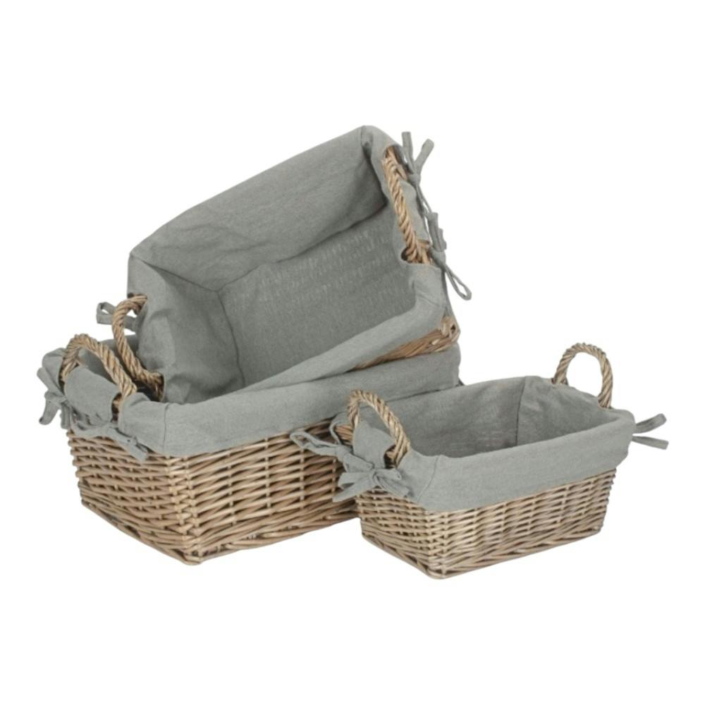 Rackhams Grey Wicker Antique Wash Finish Handled Cotton Lining Storage Basket - Set Of 3