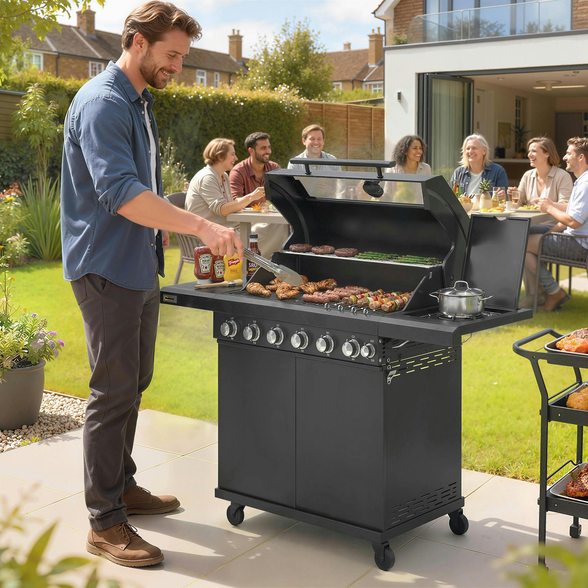 Rackhams Black 6+1 Burner Gas Bbq Grill, Barbecue Grill With Warming Rack, - Warming Rack - Side Table, Cabinet - Gas Bbq Grill