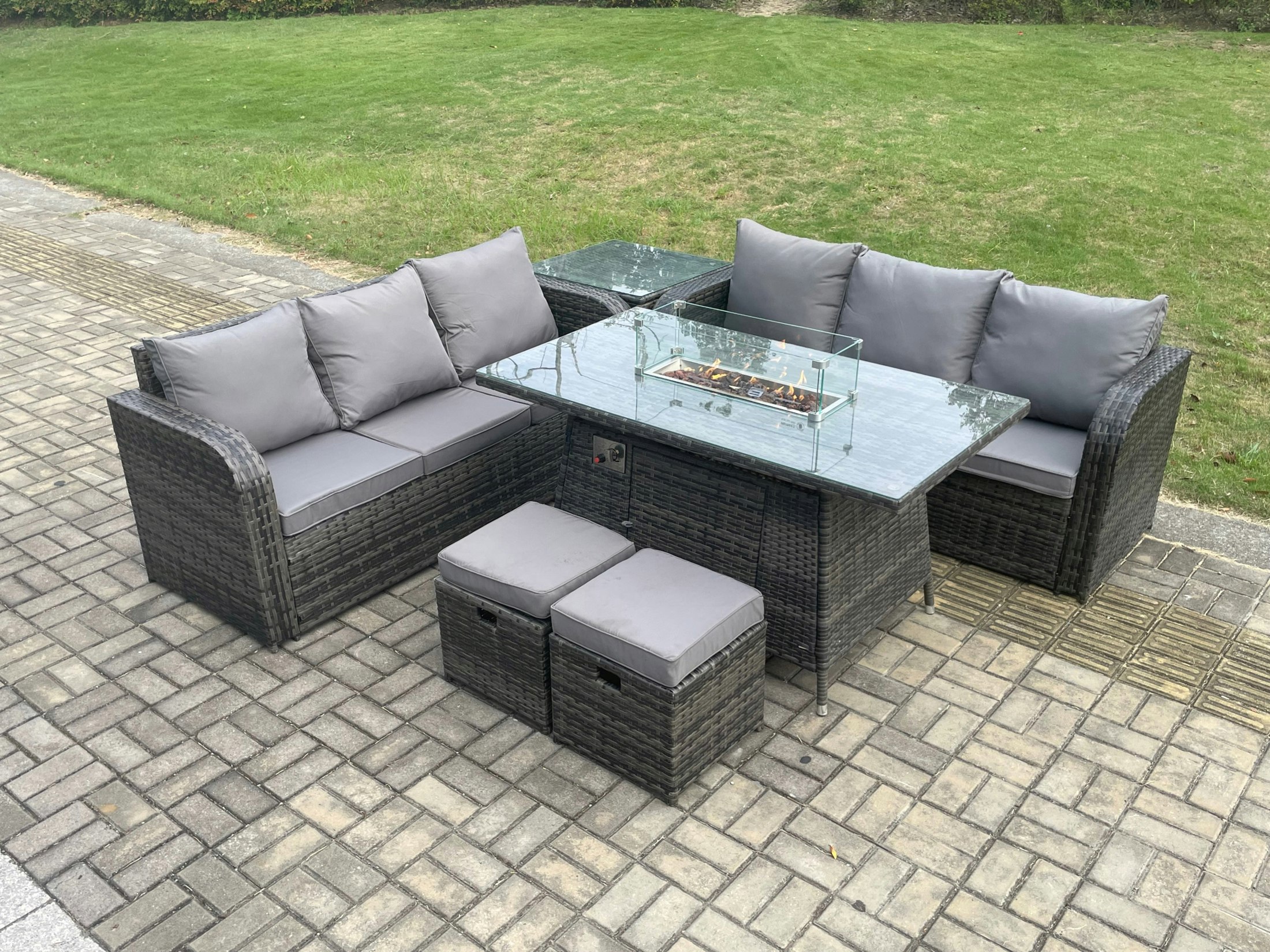 Fimous Dark/Grey Rattan Garden Furniture Set With Fire Pit Table 8 Seater Outdoor Patio Lounge Sofa Set Mixed