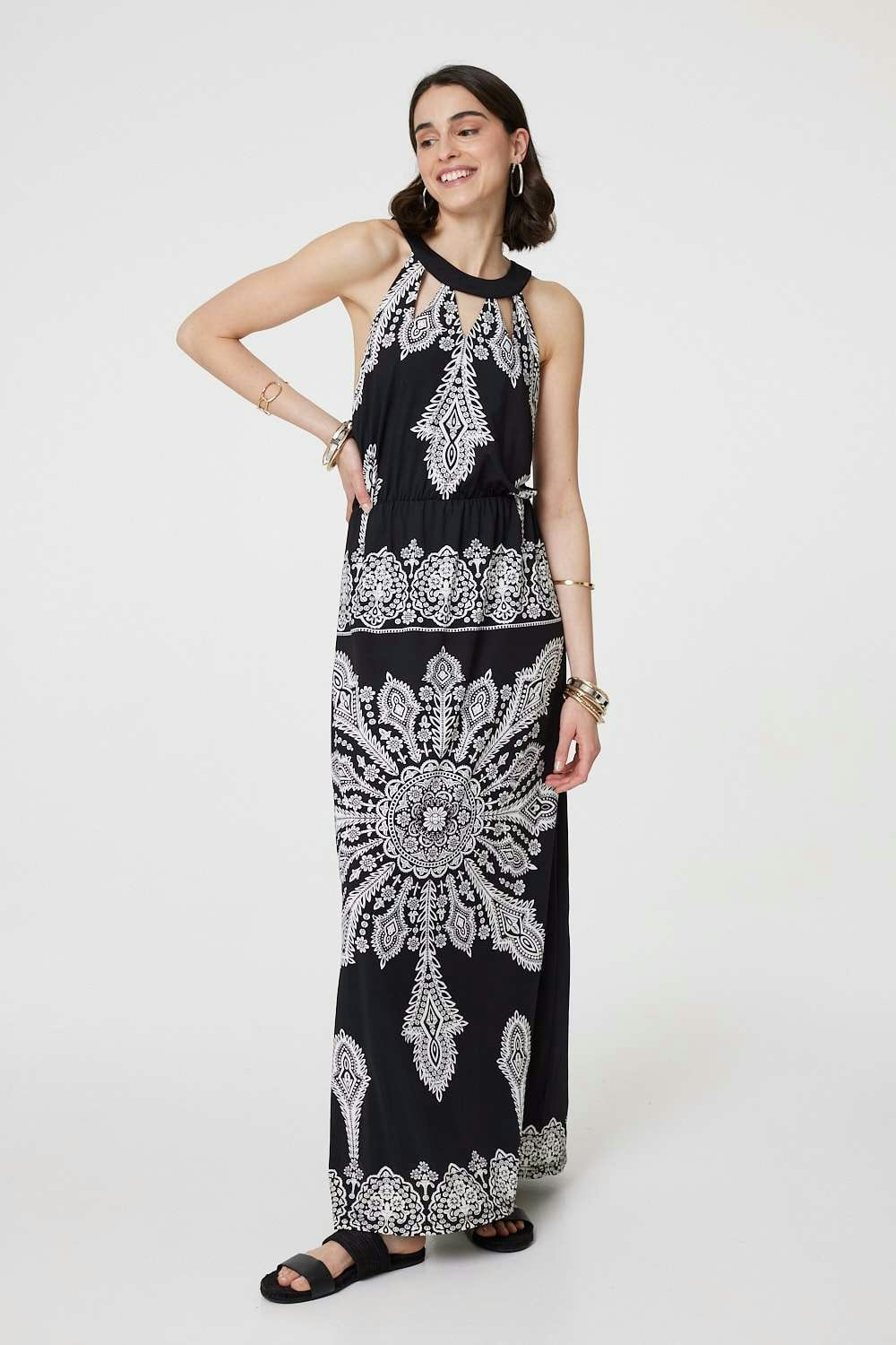 Izabel London Black/White Mosaic Print Halter Neck Long Dress - And - 12