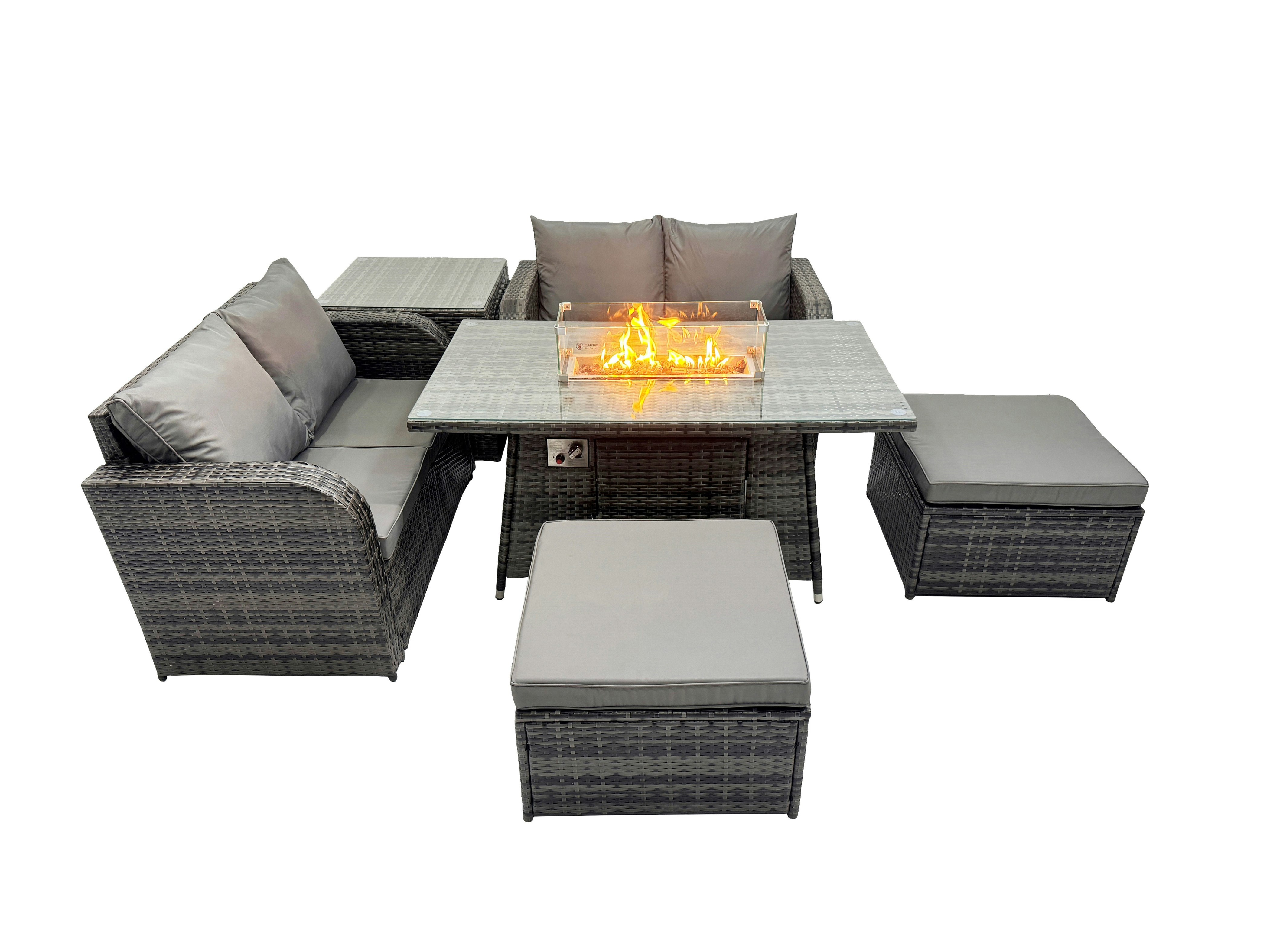 Fimous Dark/Grey 6 Seater Patio Gas Firpit Dining Table Sofa Sets Rattan Garden Furniture Dining Set With 2 Big Stools Side Tables Mixed