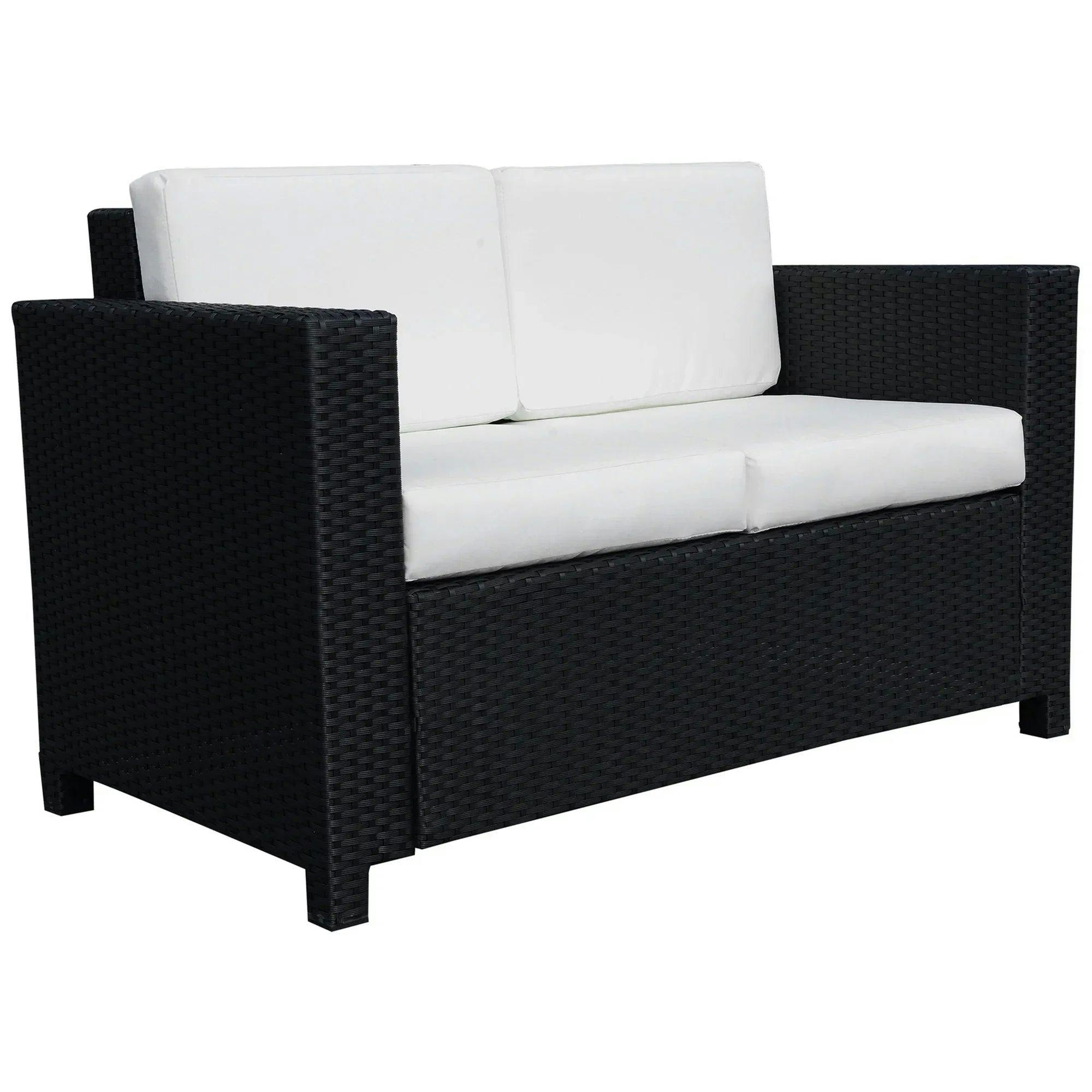 Rackhams Black Rattan Sofa, 2 Seater Garden Furniture With Soft Padded Cushion And Armrests, Wicker Garden Loveseat For Patio,