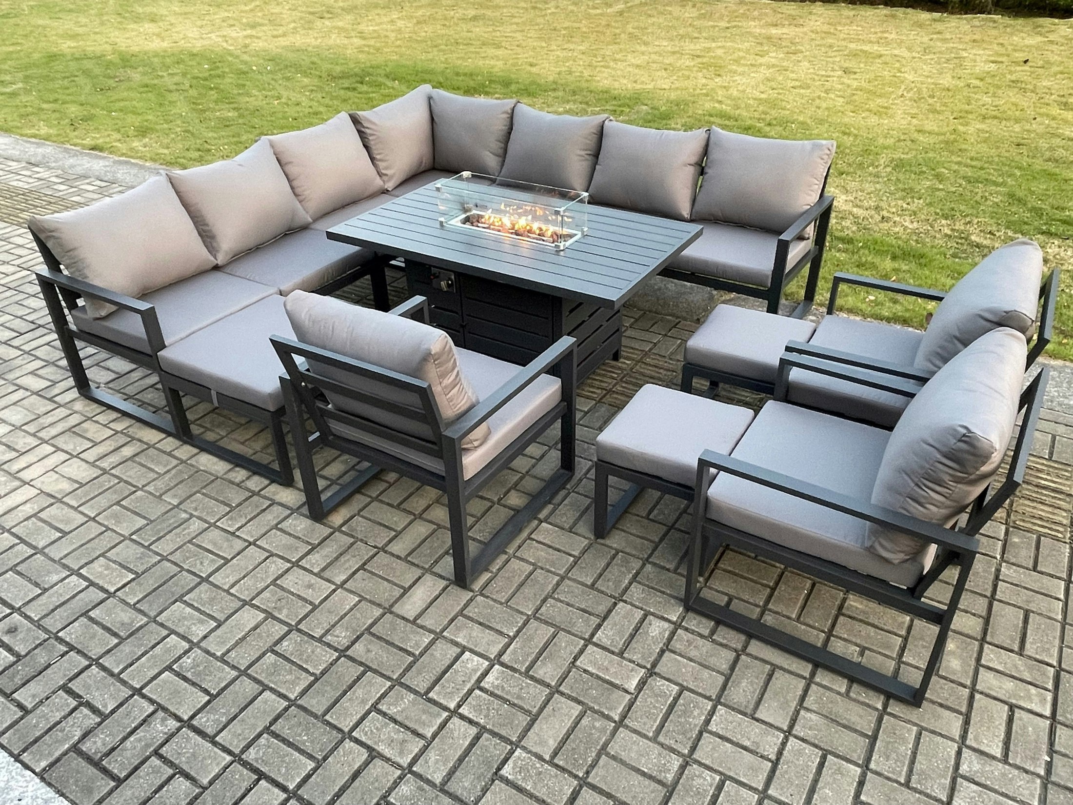 Rackhams Dark/Grey Aluminium Lounge Corner Sofa Outdoor Garden Furniture Sets Gas Fire Pit Dining Table Set With 3 Chairs 3 Footstools