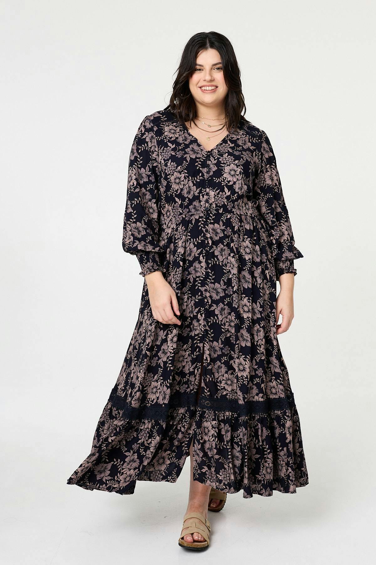 Izabel London Curve Floral Lace Long Sleeve Maxi Dress - 22 - Navy