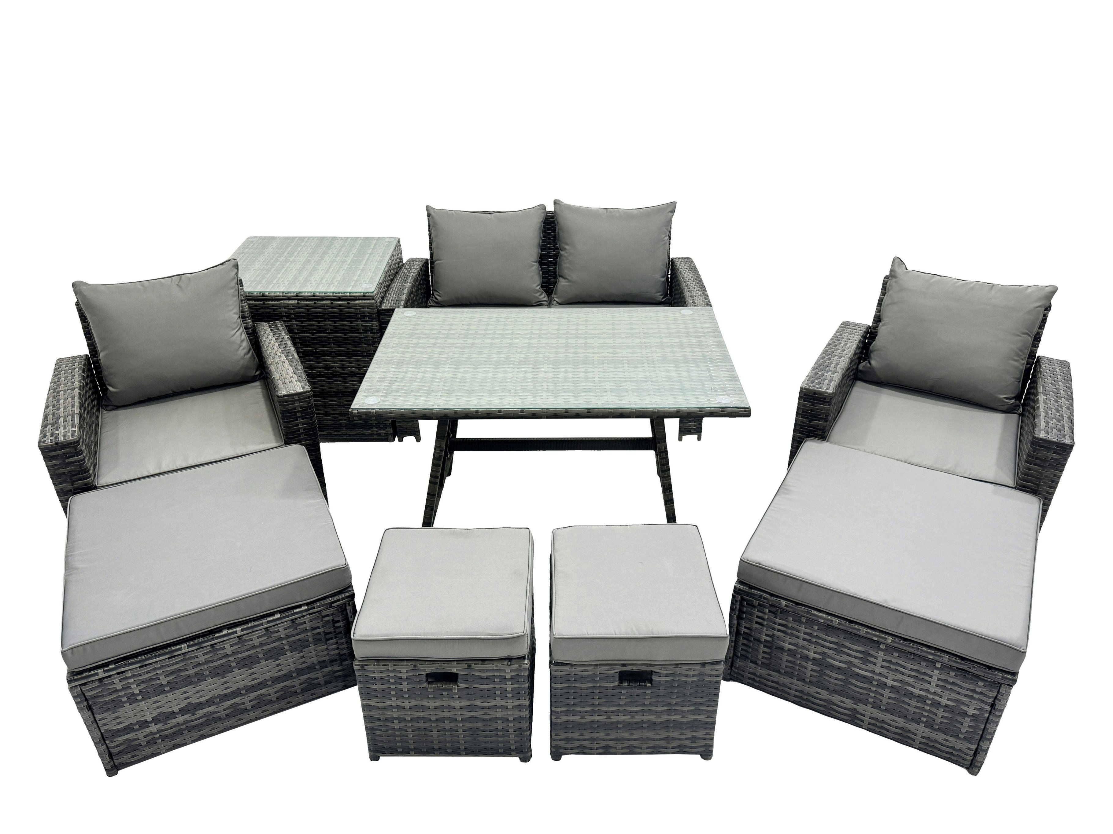 Fimous Dark/Grey 8 Seater Rattan Furniture Set With Dining Table, Sofa, Side Table, 2 Chairs & 4 Stools