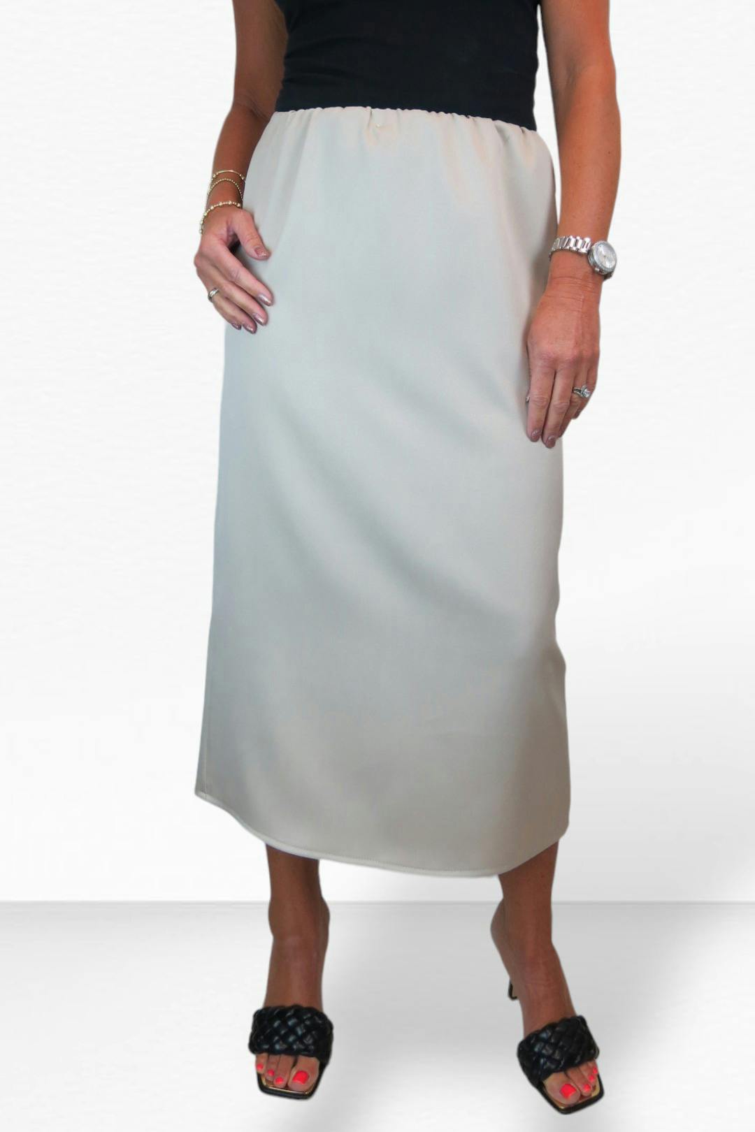Paulo Due Women's Beige Midi Maxi Matte Satin Skirt Elasticated Waist - 20