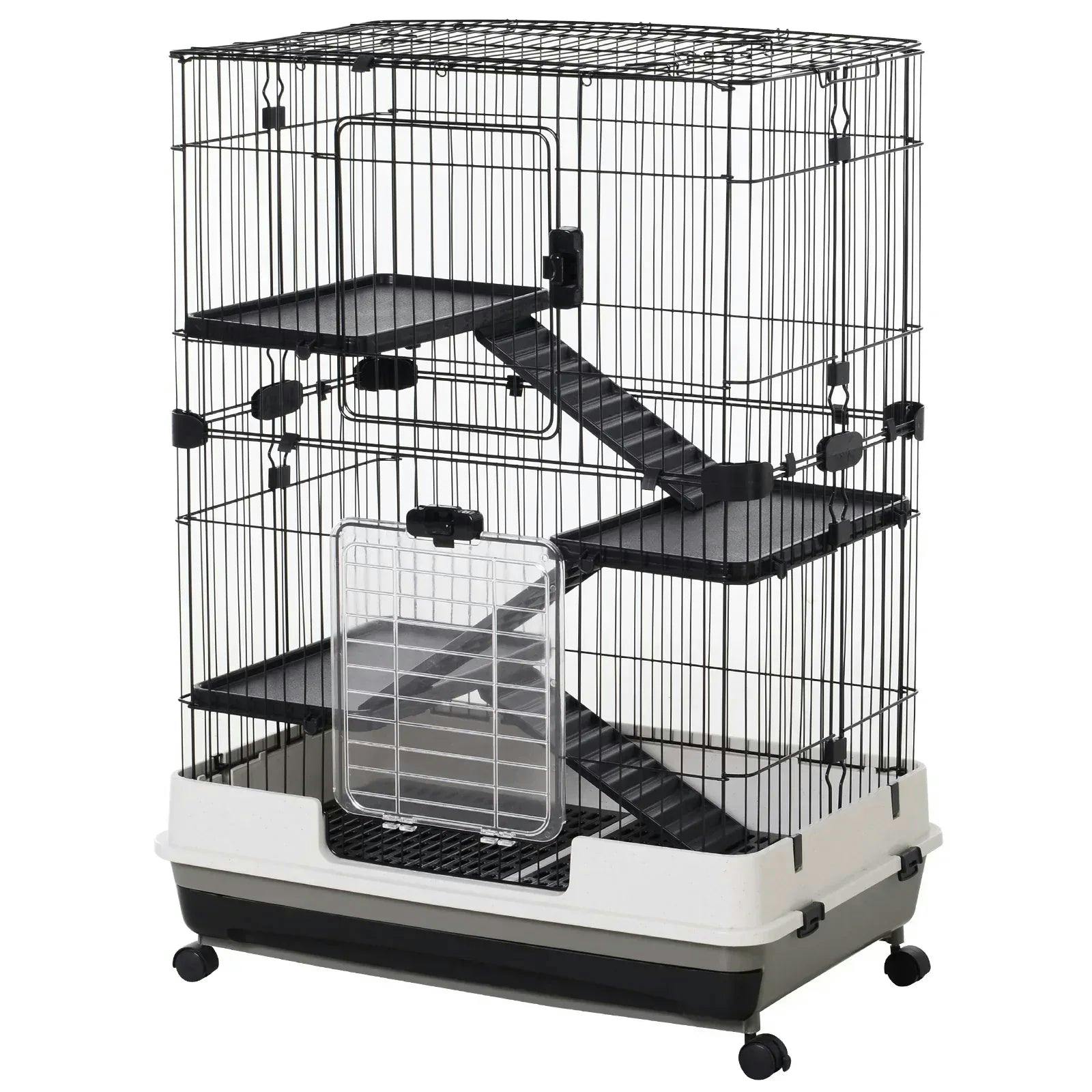 Pawhut Black Small Animal Cage, Indoor Bunny House, For Ferrets W/ Wheels In - Image 5