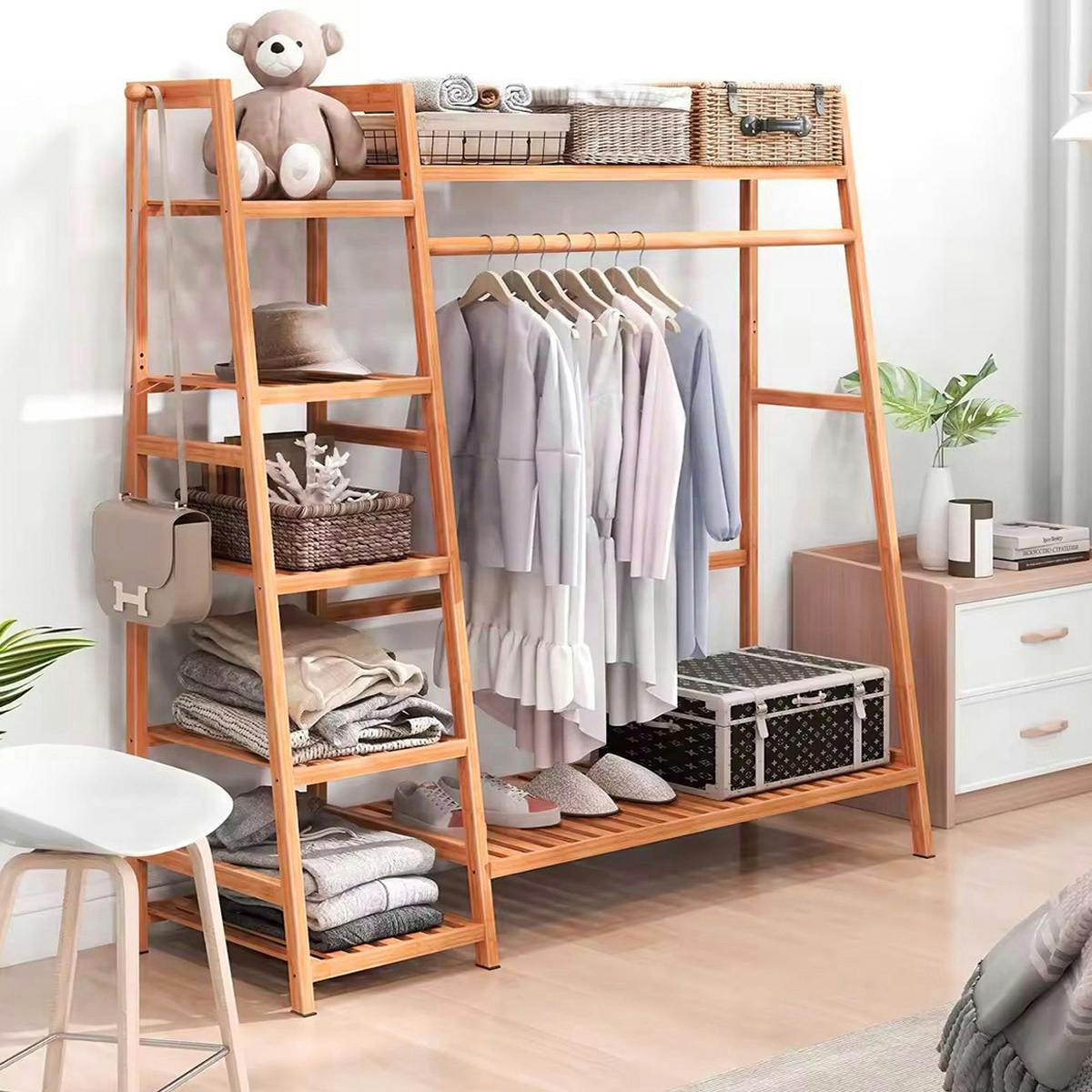 Rackhams Brown Multi-Functional Bamboo Garment Clothes Rack 7-Tier Storage Shelf Coat Hanging Rack - One Size