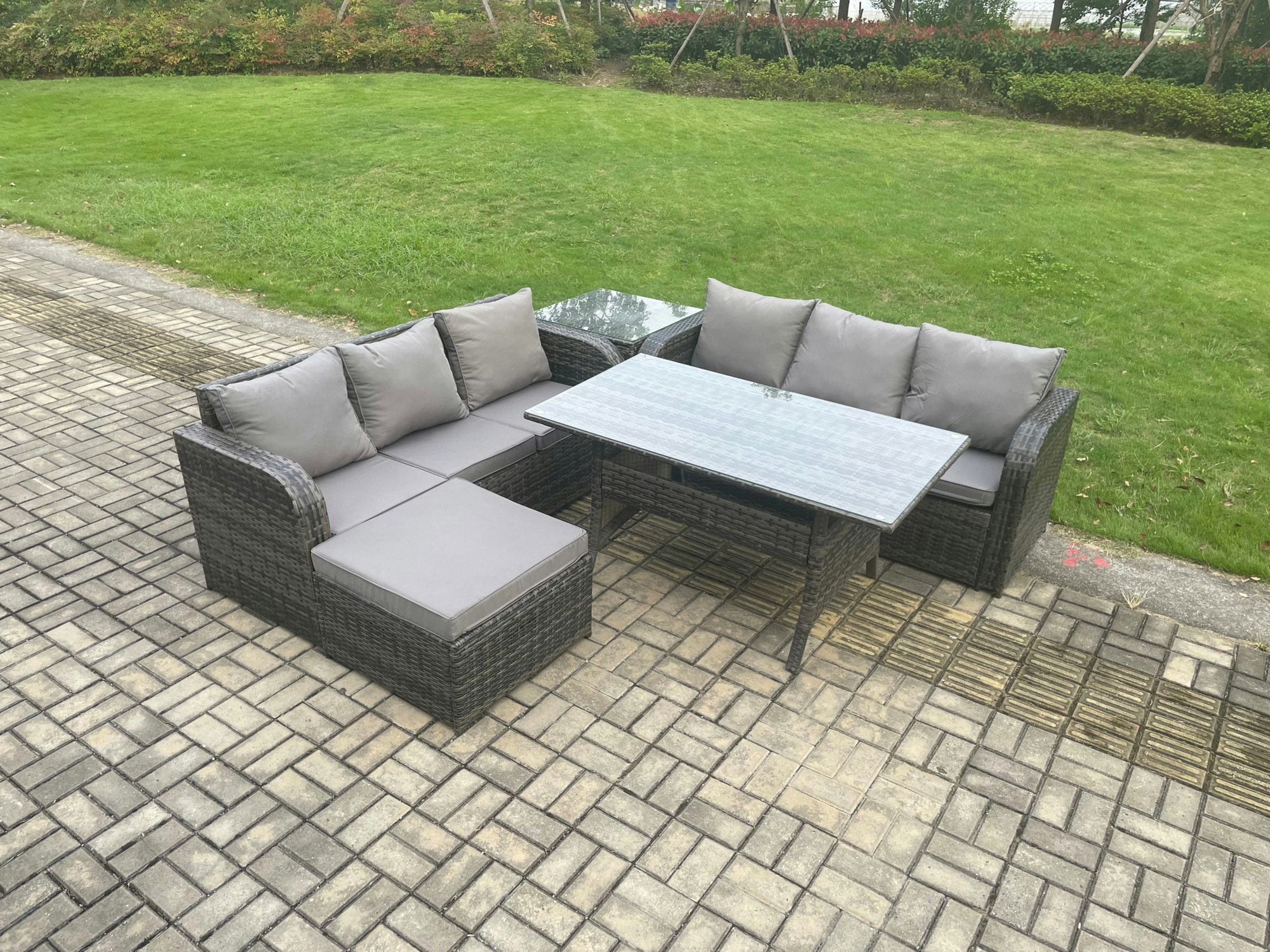 Fimous Dark/Grey Rattan Garden Furniture Set With Oblong Rectangular Dining Table Big Footstool Side Table 5 Pieces Outdoor Lounge Sofa Set Mixed