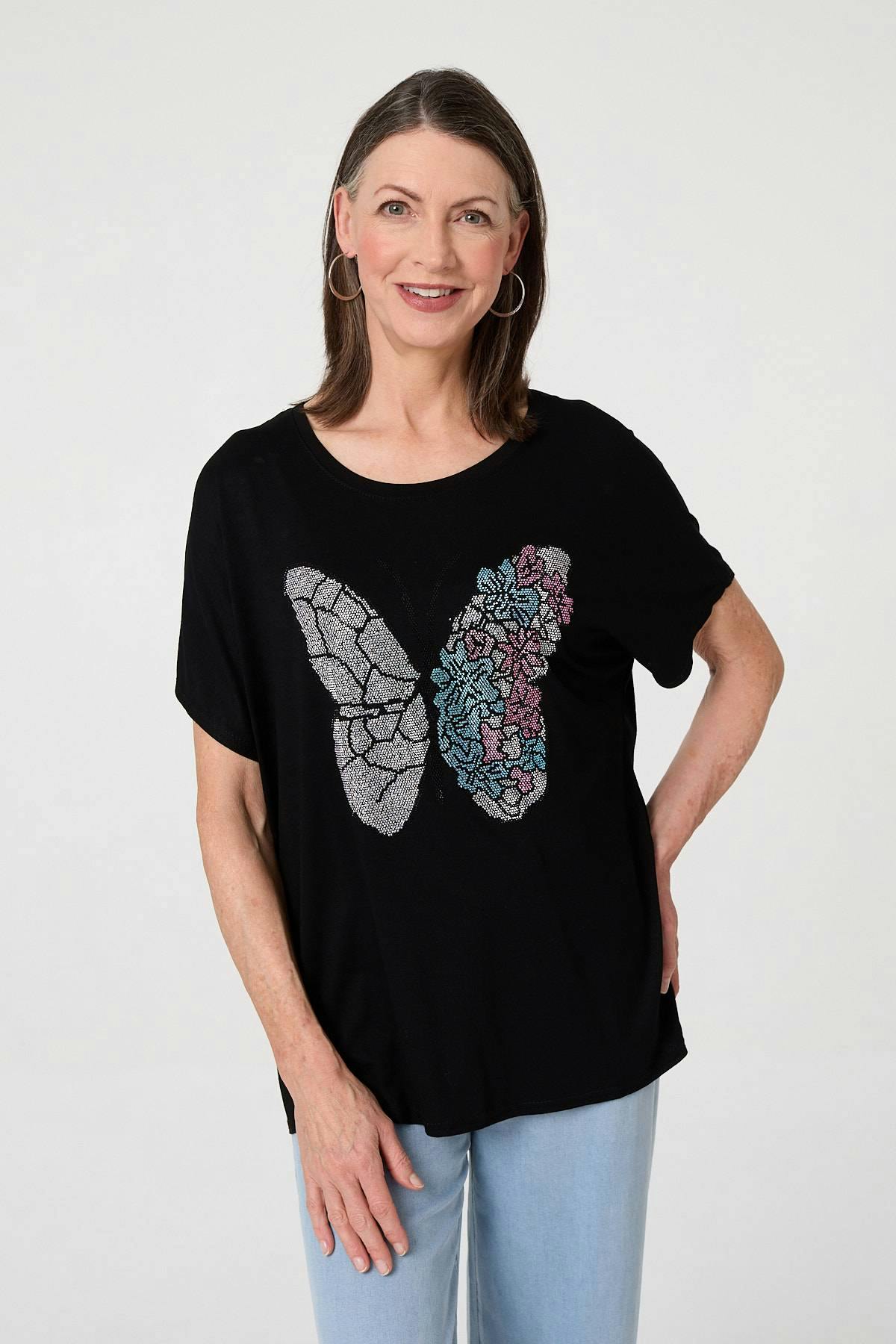 Izabel London Black Butterfly Print Sparkly Relaxed Top - 18
