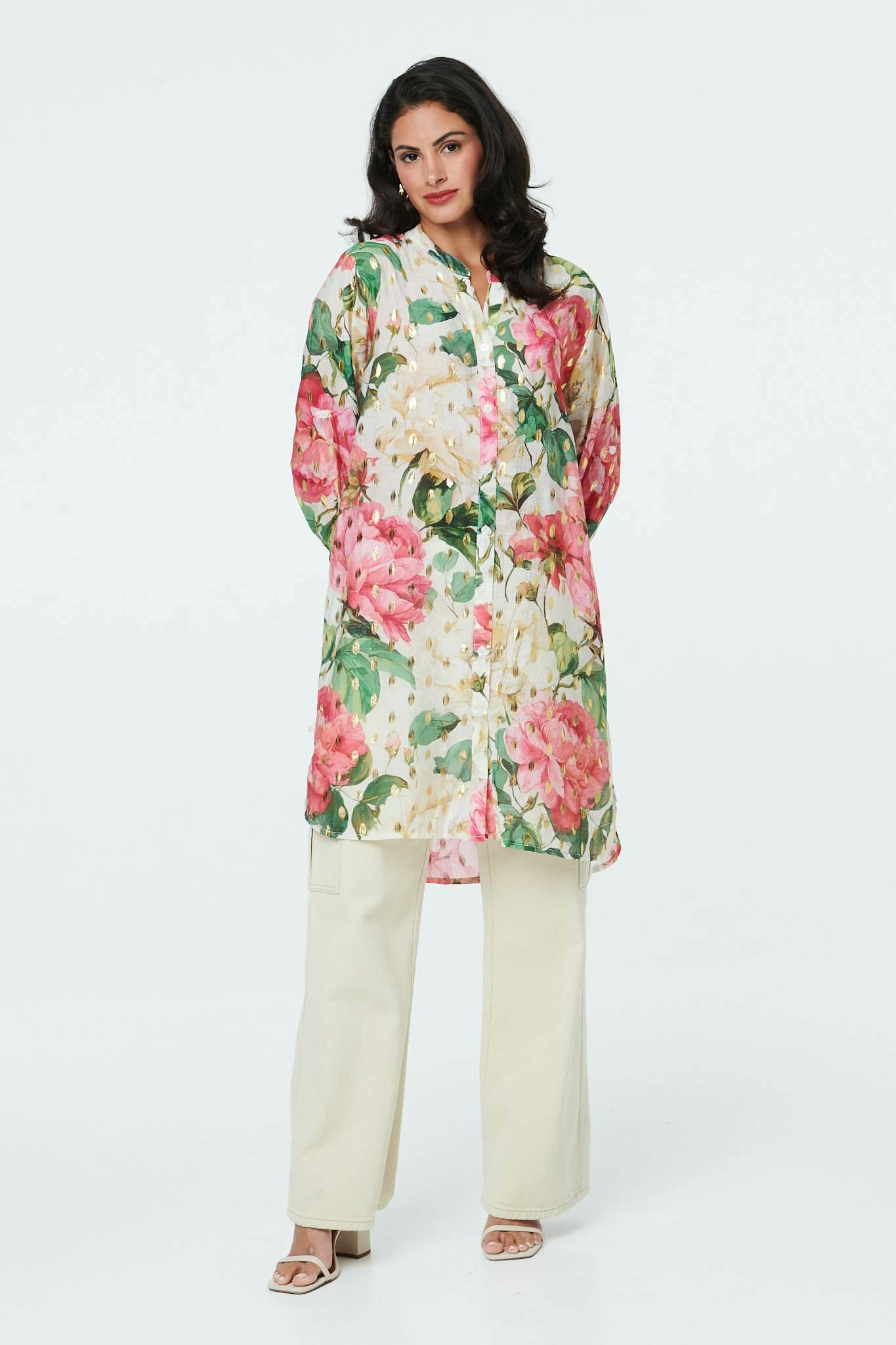 Izabel London Cream Floral Long Sleeve V-Neck Longline Shirt - 14