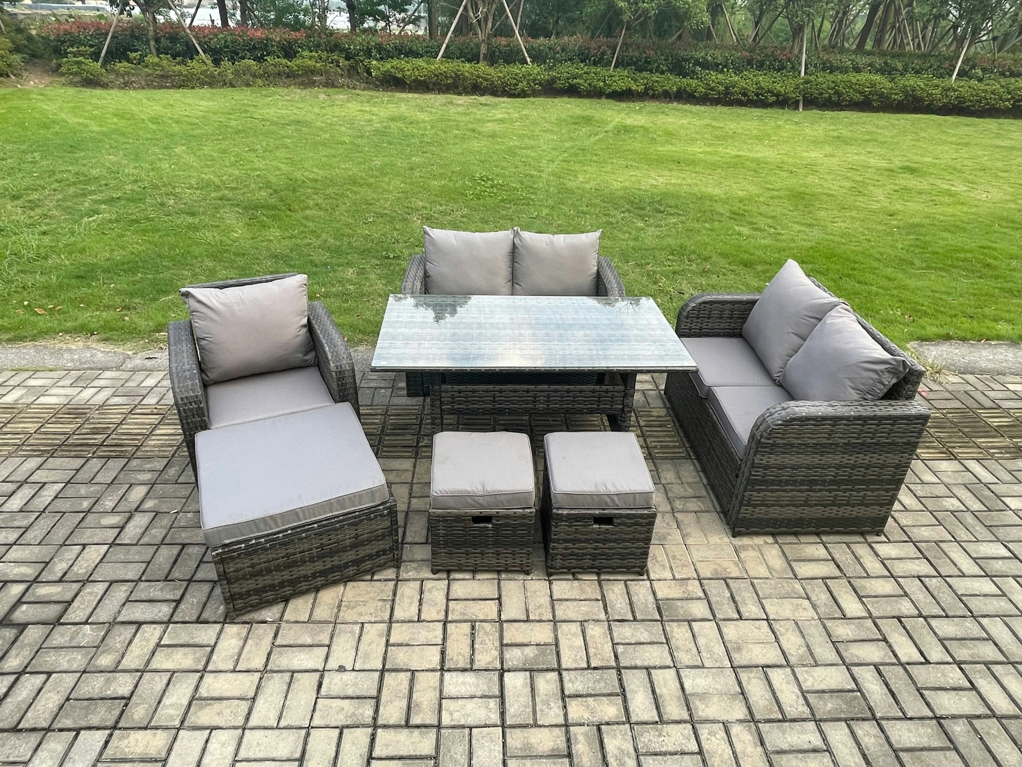 Fimous Dark/Grey 8 Seater Lounge Rattan Sofa Set Outdoor Garden Furniture Oblong Rectangular Dining Table With Chairs 3 Footstools Mixed