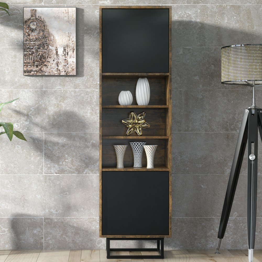 Mex Furniture Black 175Cm Industrial Loft Retro Oak Display Cabinet
