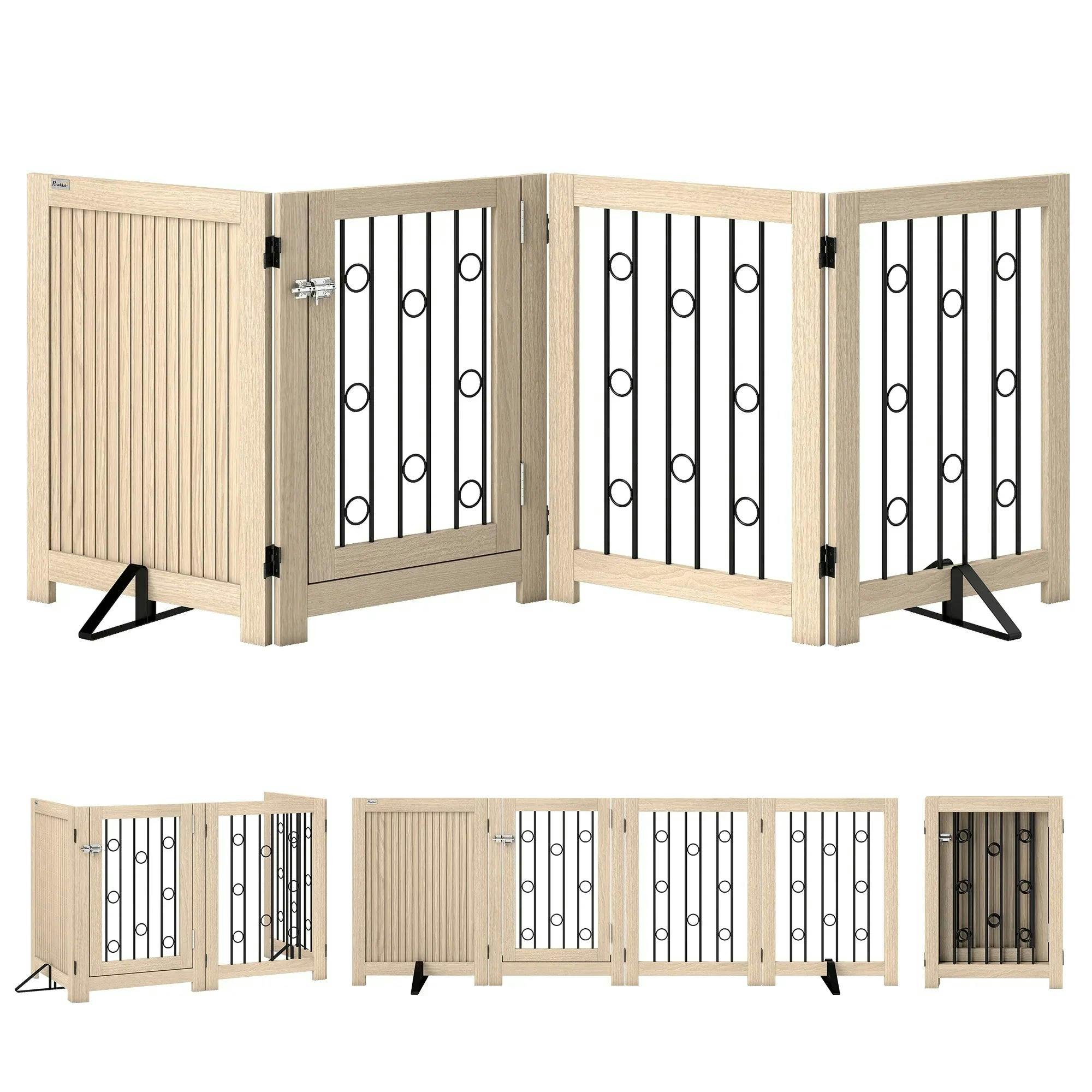 Pawhut 4 Panel Freestanding Pet Gate Foldable With Door For Stairs, Doorway - Image 4
