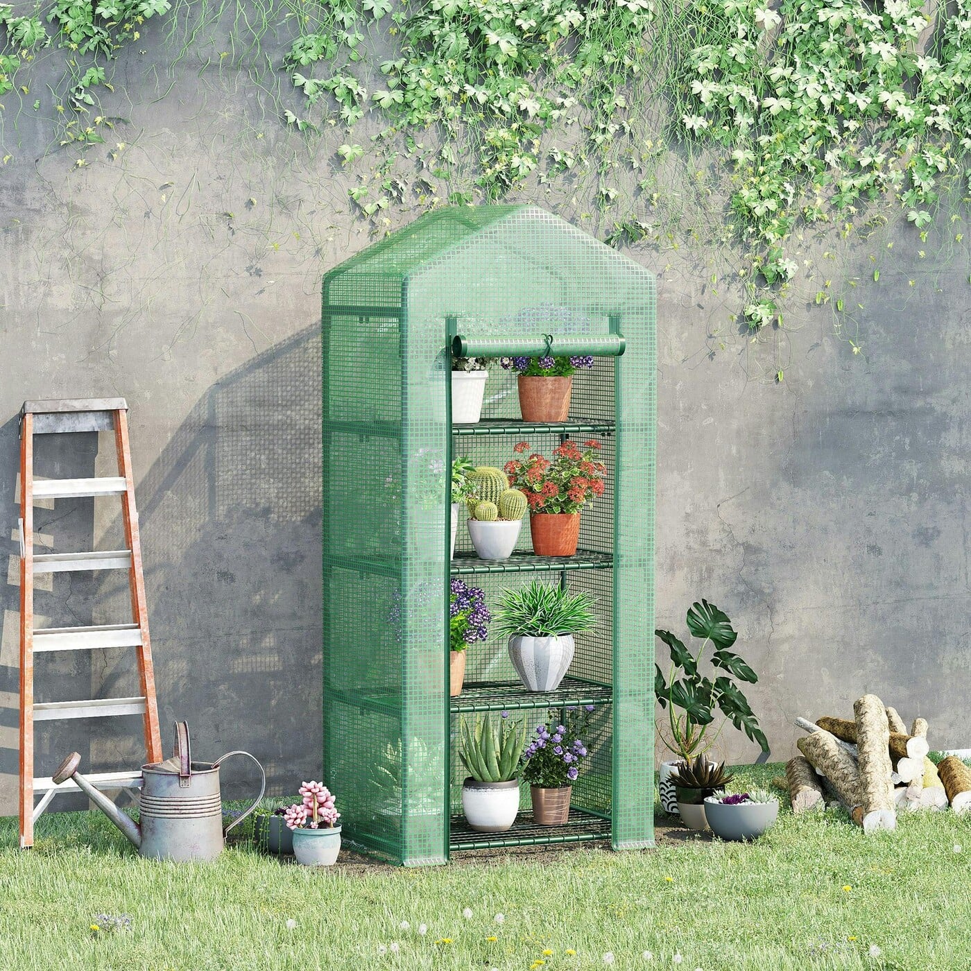 Tier Mini Greenhouse 4 Portable Plant Grow House PE Cover Shelves Green - Image 3