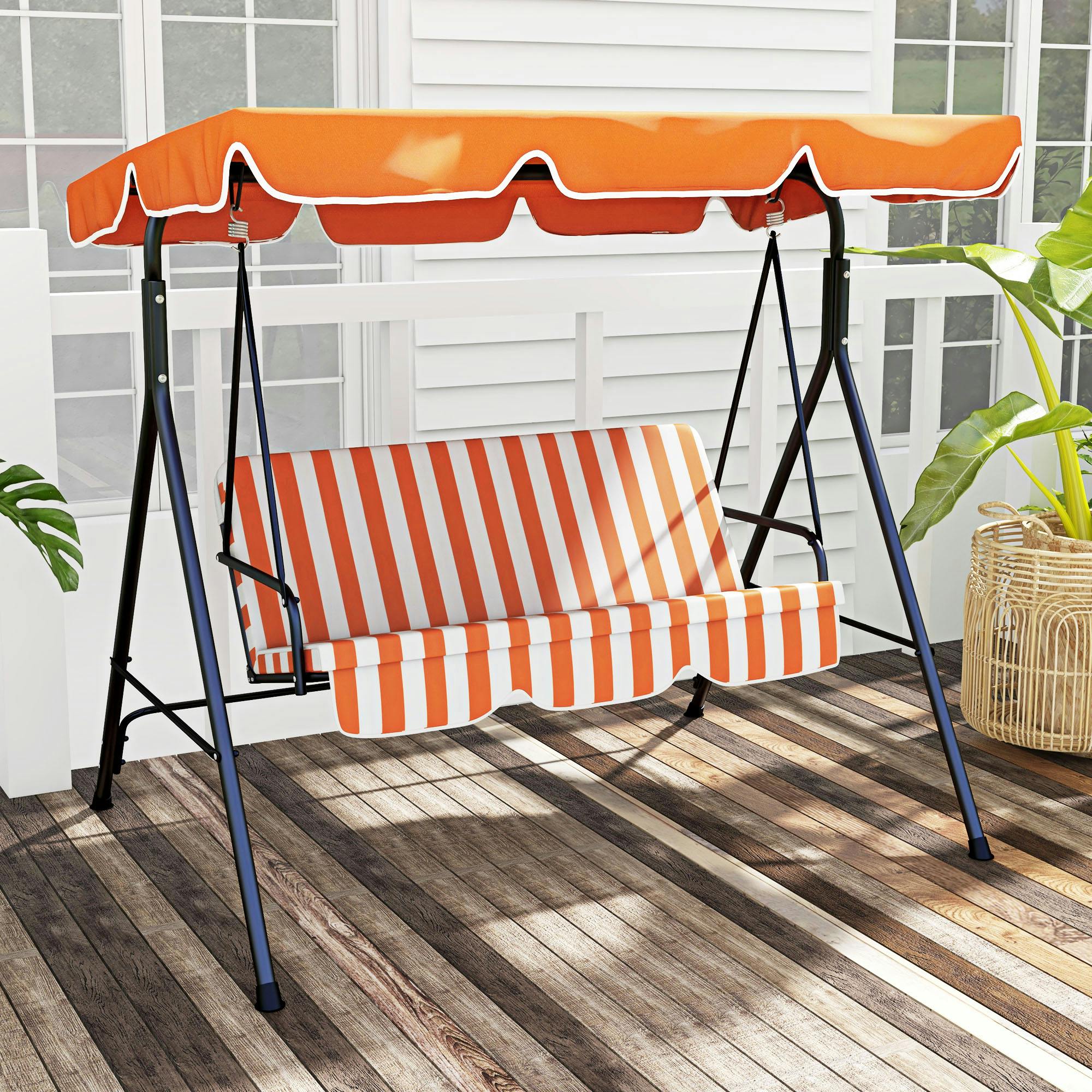 Rackhams Green/Orange/White Outdoor 3-Person Porch Swing Chair With Adjustable Canopy - And