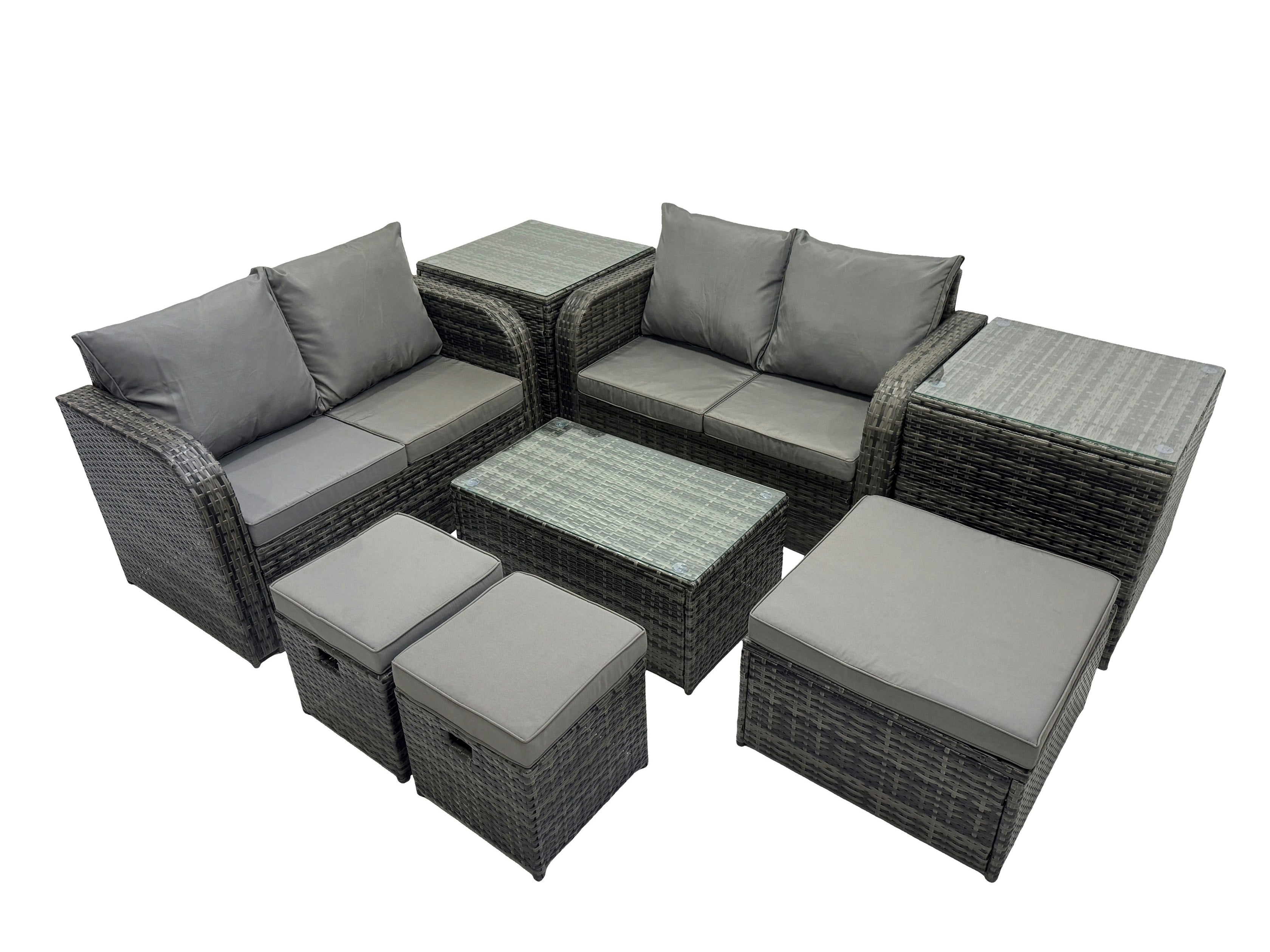 Fimous Dark/Grey Outdoor Love Sofa Coffee Table Set Garden Rattan Furniture Set 7 Seater With 3 Stools 2 Side Tables