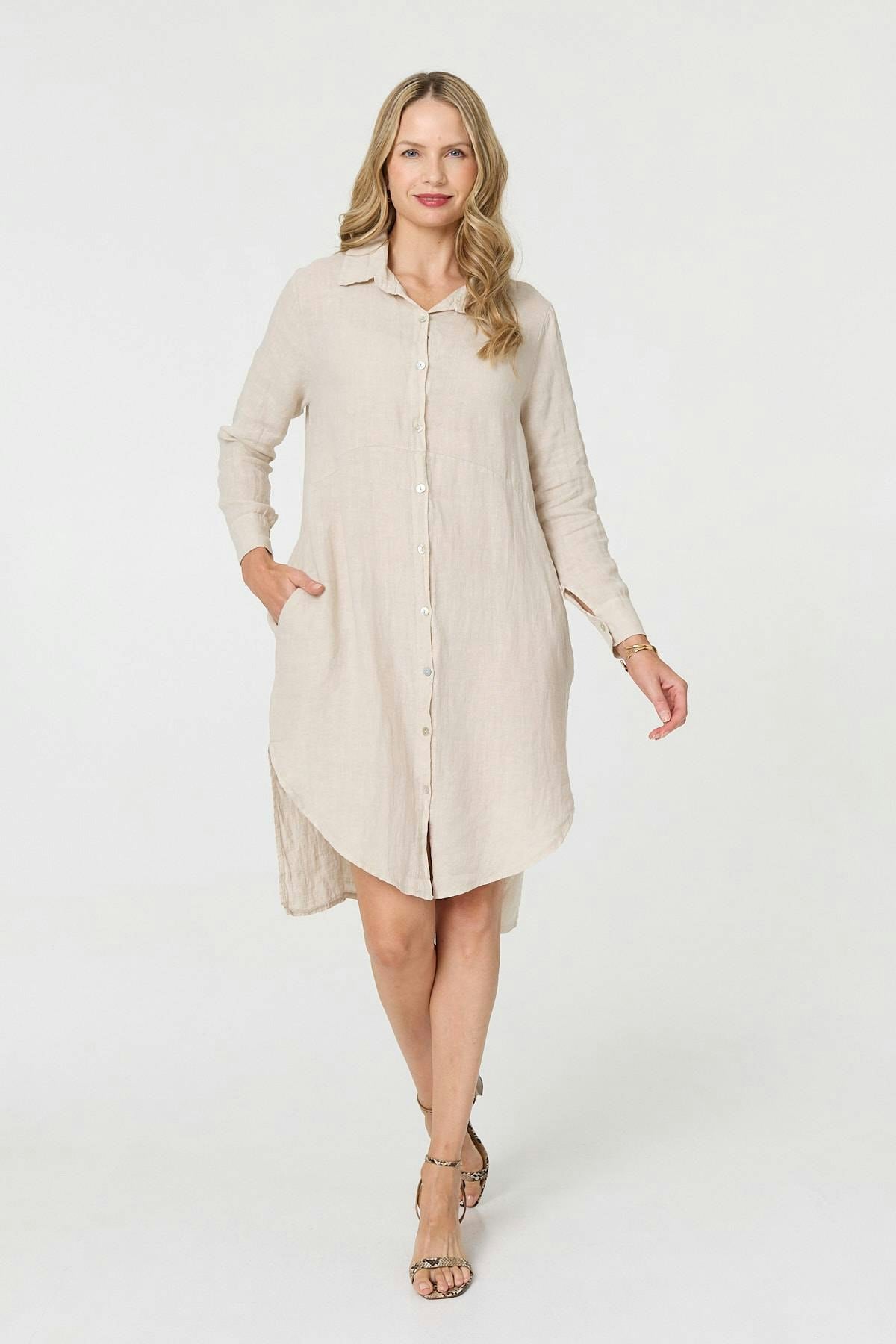 Izabel London Beige Long Sleeve Split Hem Midi Shirt Dress - S