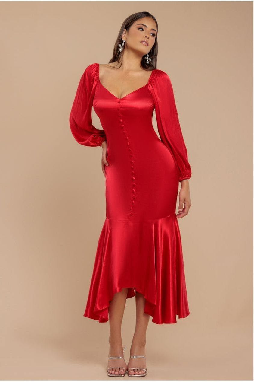 Goddiva Red Satin Viscose Front Buttoned Dipped Hem Midaxi Dress - By - 8