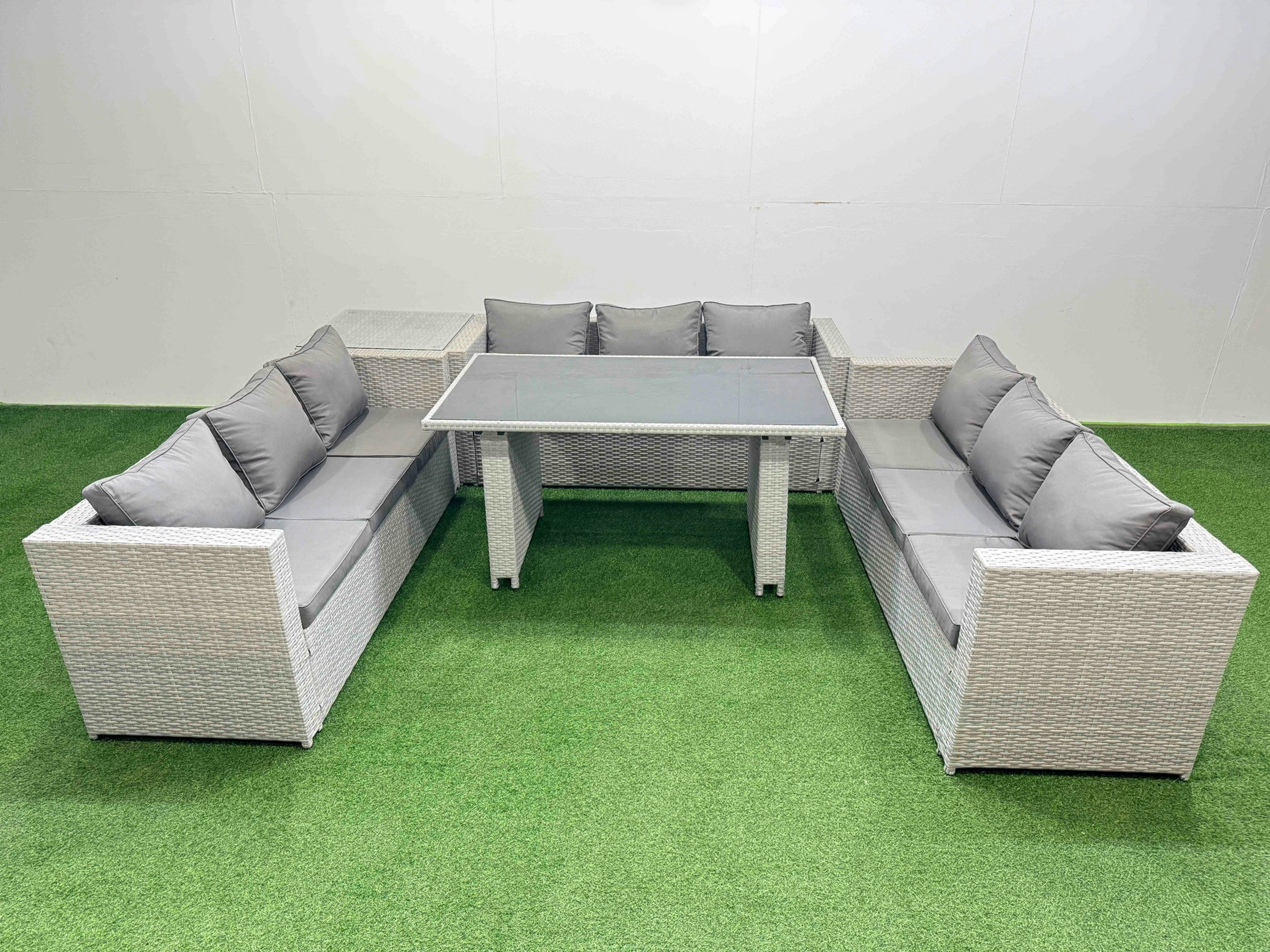 Fimous Black/Light/Grey Patio Outdoor Garden Furniture Sets With Glass Top Dining Table 3 Seater Sofa Side Table