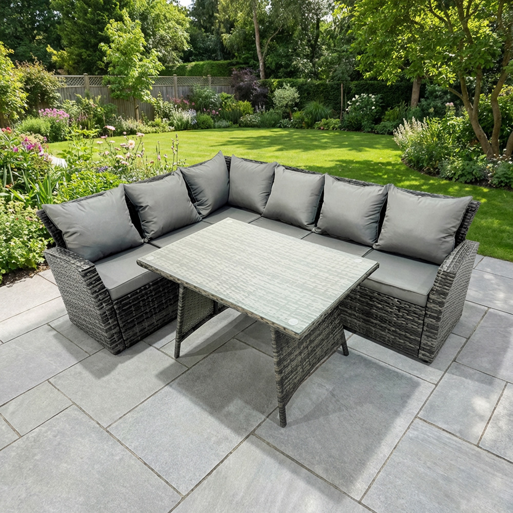Rackhams Dark/Grey 6 Seater Rattan High Back Garden Furniture Set With Left Corner Sofa & Dining Table