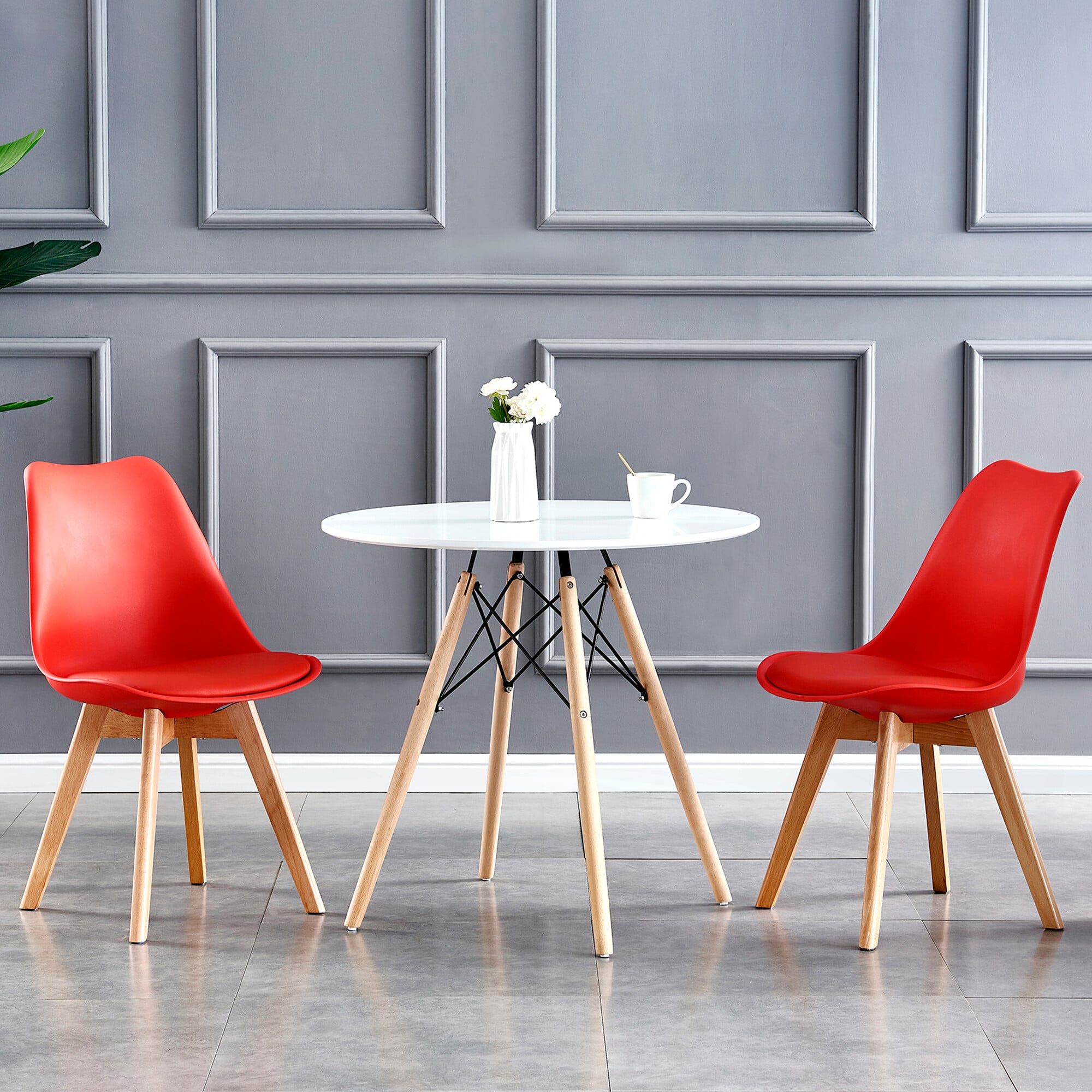 Rackhams Red Set Of 2 Dining Chairs With Solid Wooden Legs And Seat Cushion Pad Eva