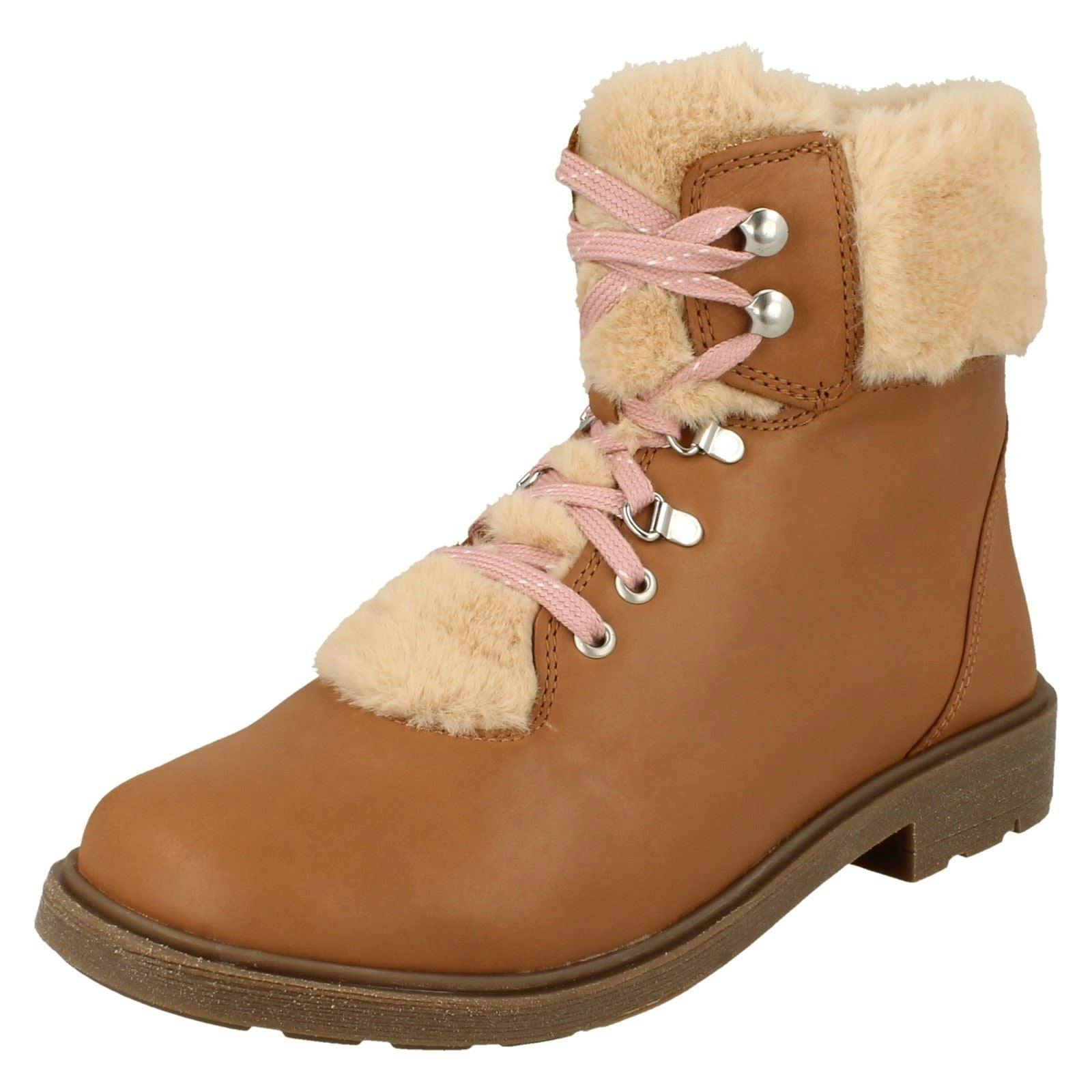 Clarks Girls Faux Fur Detailed Ankle Boots Astrol Hiker K - Tan - Uk 10.5 Child - F