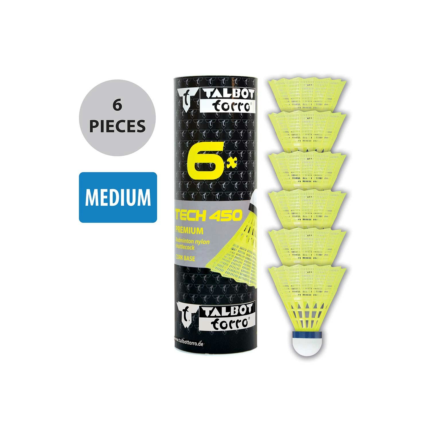 Yellow Talbot-Torro Tech 450 Premium Medium Nylon Shuttlecocks - 6 Pack