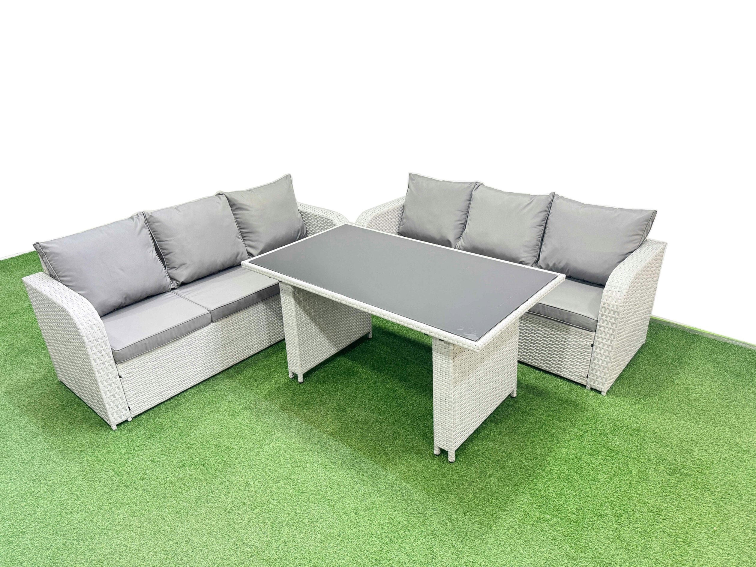 Rackhams Light/Grey 6 Seater Rattan Outdoor Dining Table 3 Seater Sofa Set