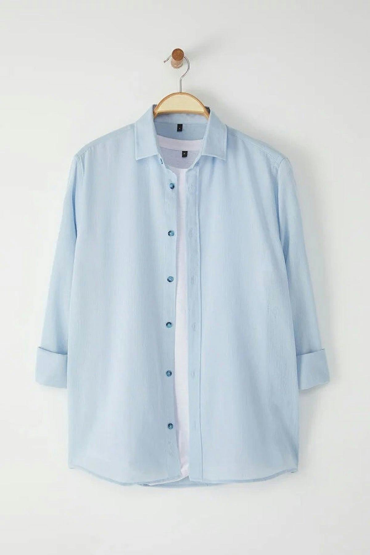 Wovcor Men's Light/Blue Linen Look ’S Shirt With Epaulettes And Wrinkled Effect - S