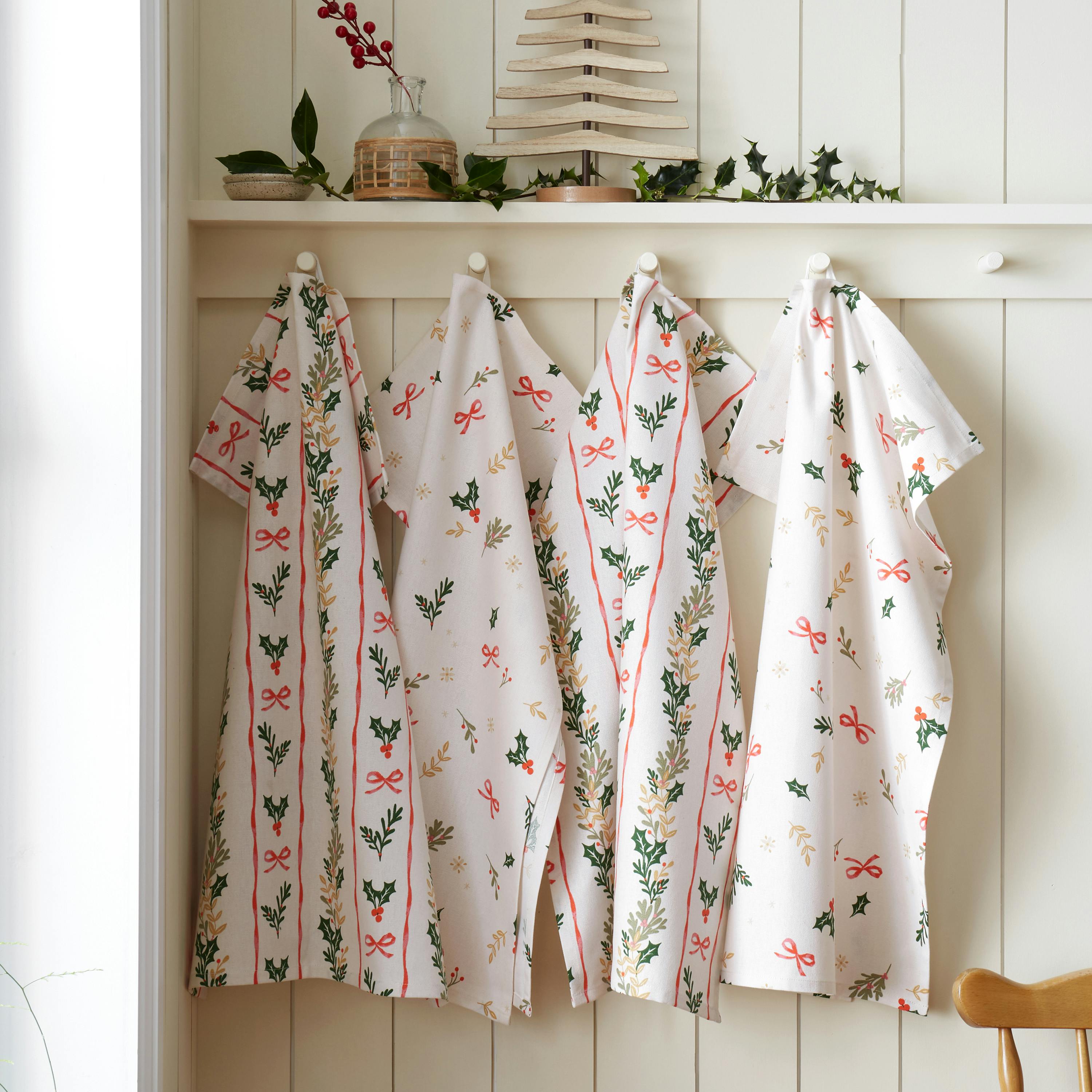 Rackhams Cream/Red Christmas Holly Stripe Cotton Kitchen Tea Towel Pack Of 4