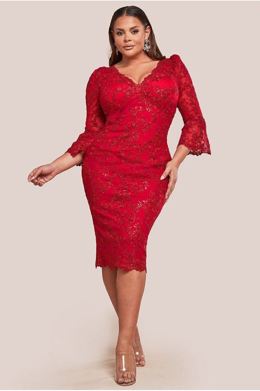 Goddiva Plus Red Scallop Lace Midi Dress- By - 18