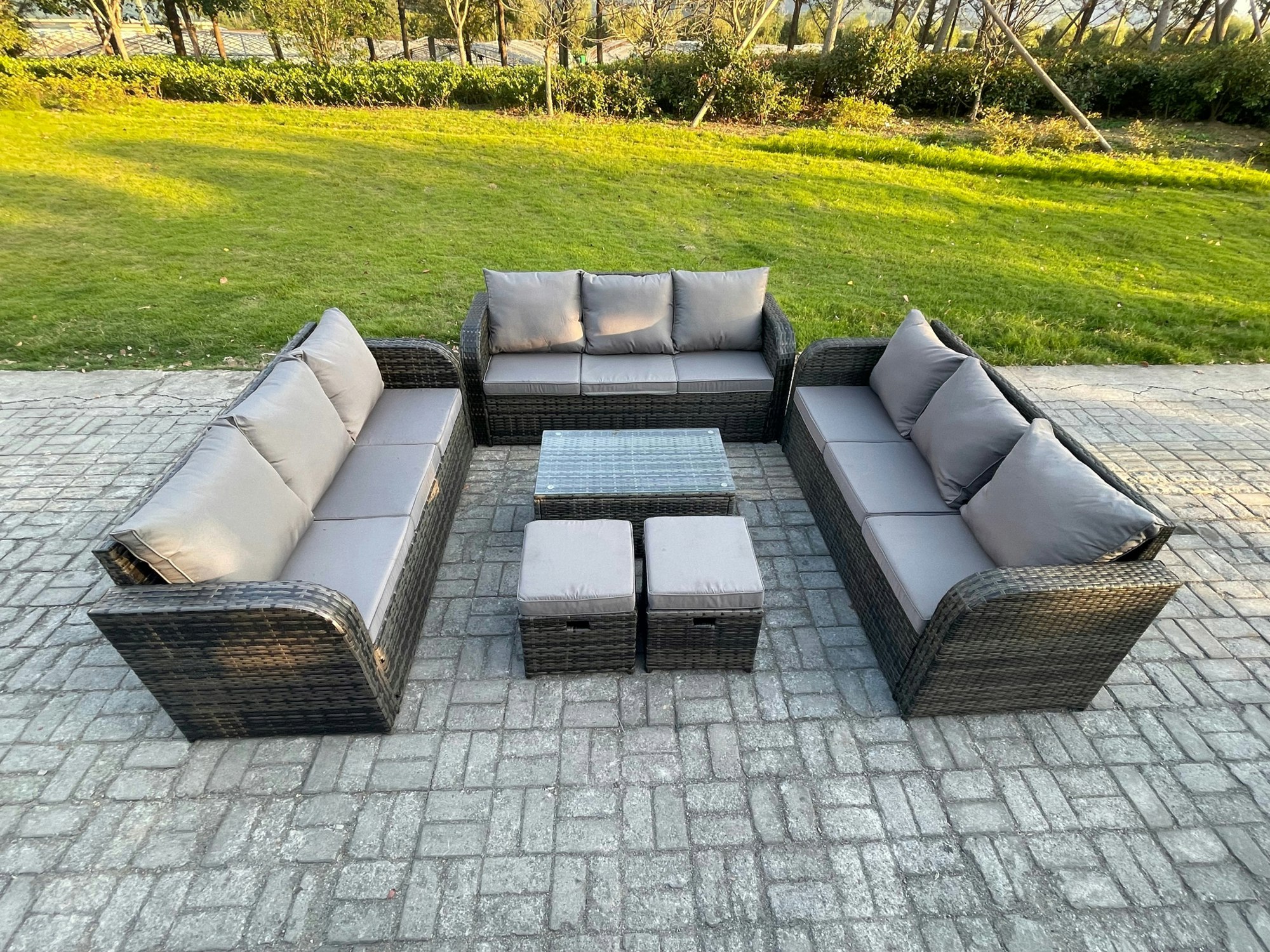 Fimous Dark/Grey Rattan Lounge Sofa Set 11 Seater Outdoor Garden Furniture Set With Rectangular Coffee Table 3 Seater Sofa 2 Small Footstools Mixed