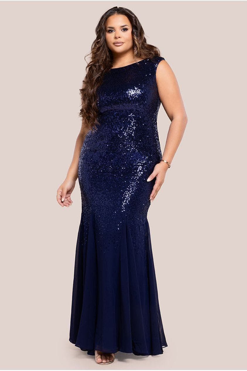 Goddiva Plus Blue Chiffon & Sequin Embroidered Bardot Maxi Dress - Navy By - Navy - 26