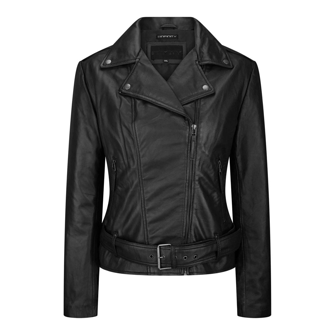 Aviatrix Women's Black Leather Biker Jacket With Belt - Uk 20