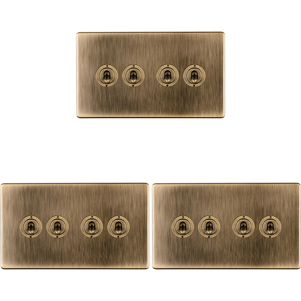 Rackhams Light Pack 4 Gang Quad Retro Toggle Switch Screwless Antique Brass 10A 2 Way Size 3