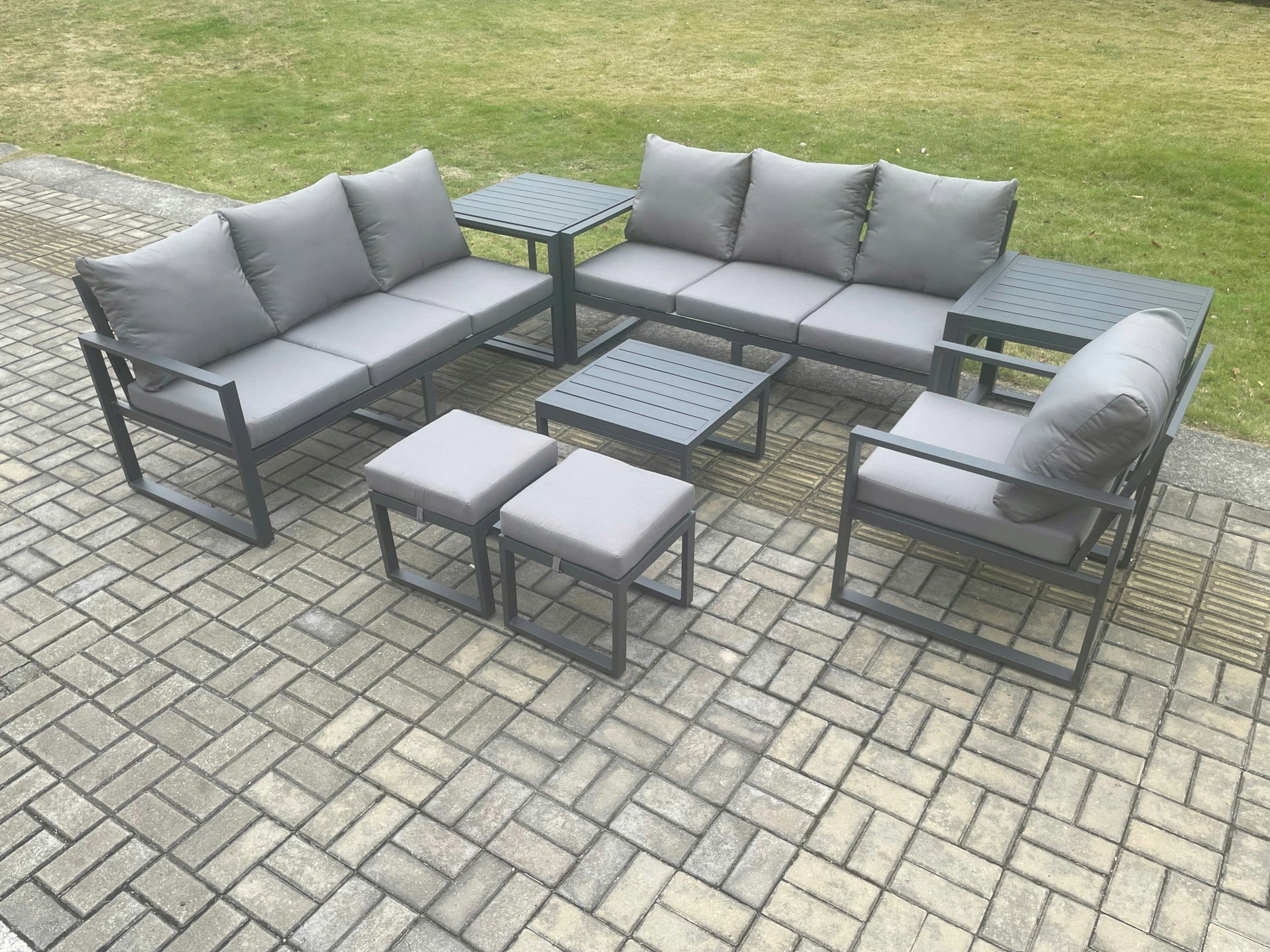 Fimous Dark/Grey Aluminium 9 Seater Outdoor Garden Furniture Lounge Sofa Set With Square Coffee Table Chair 2 Small Footstools 2 Side Table