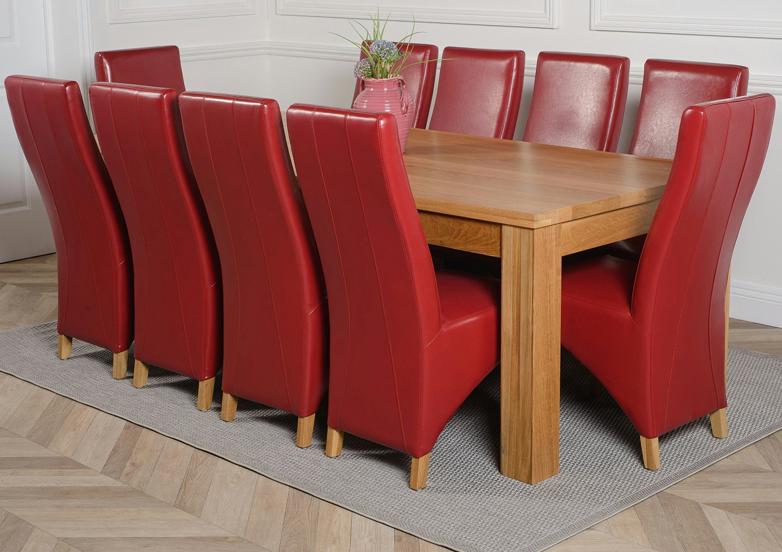 Rackhams Burgundy Dakota Extra Large Oak Dining Table With Lola Leather Chairs - 10 Chairs