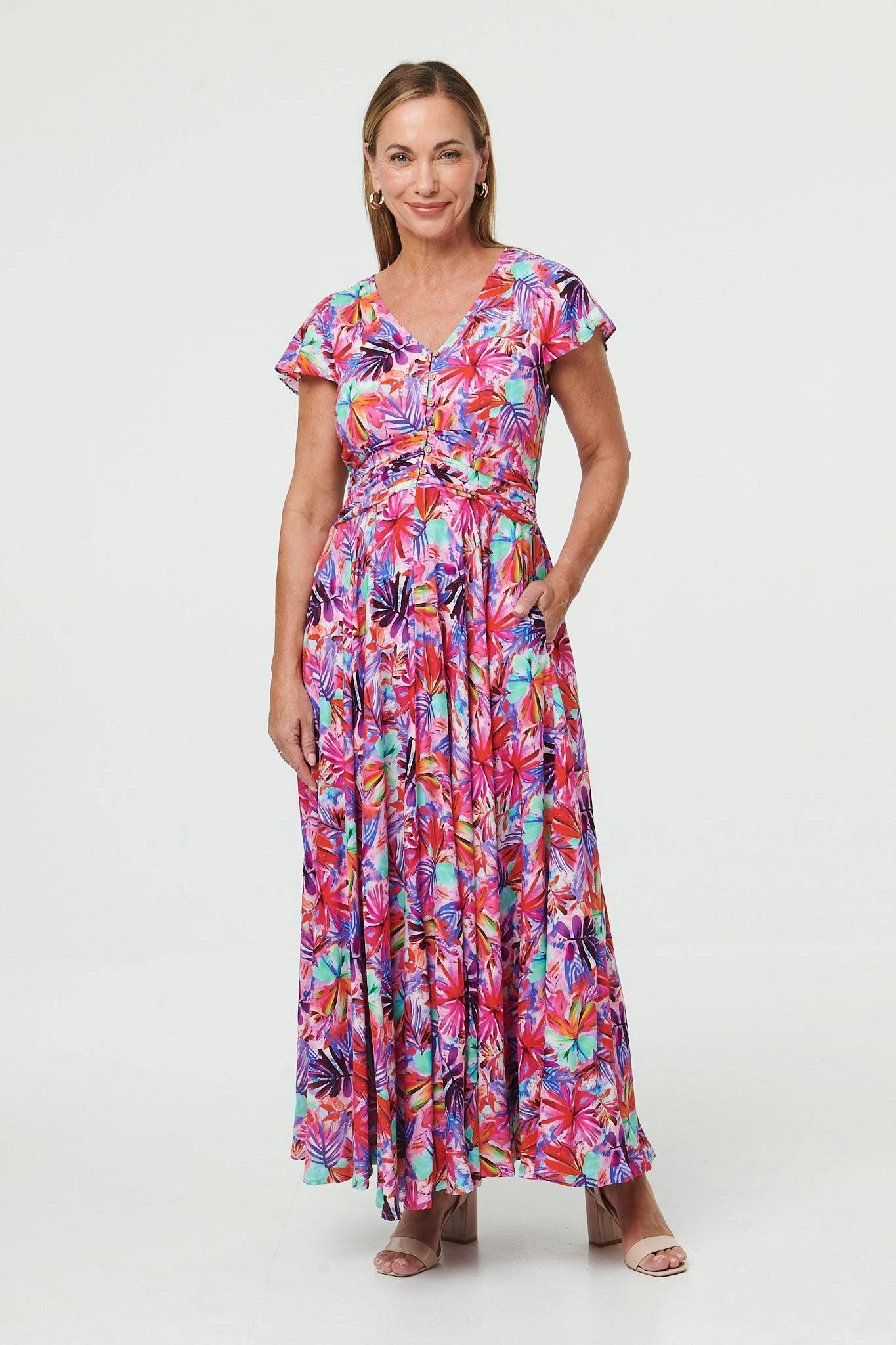 Izabel London Pink Floral Cap Sleeve Maxi V-Neck Dress - 14